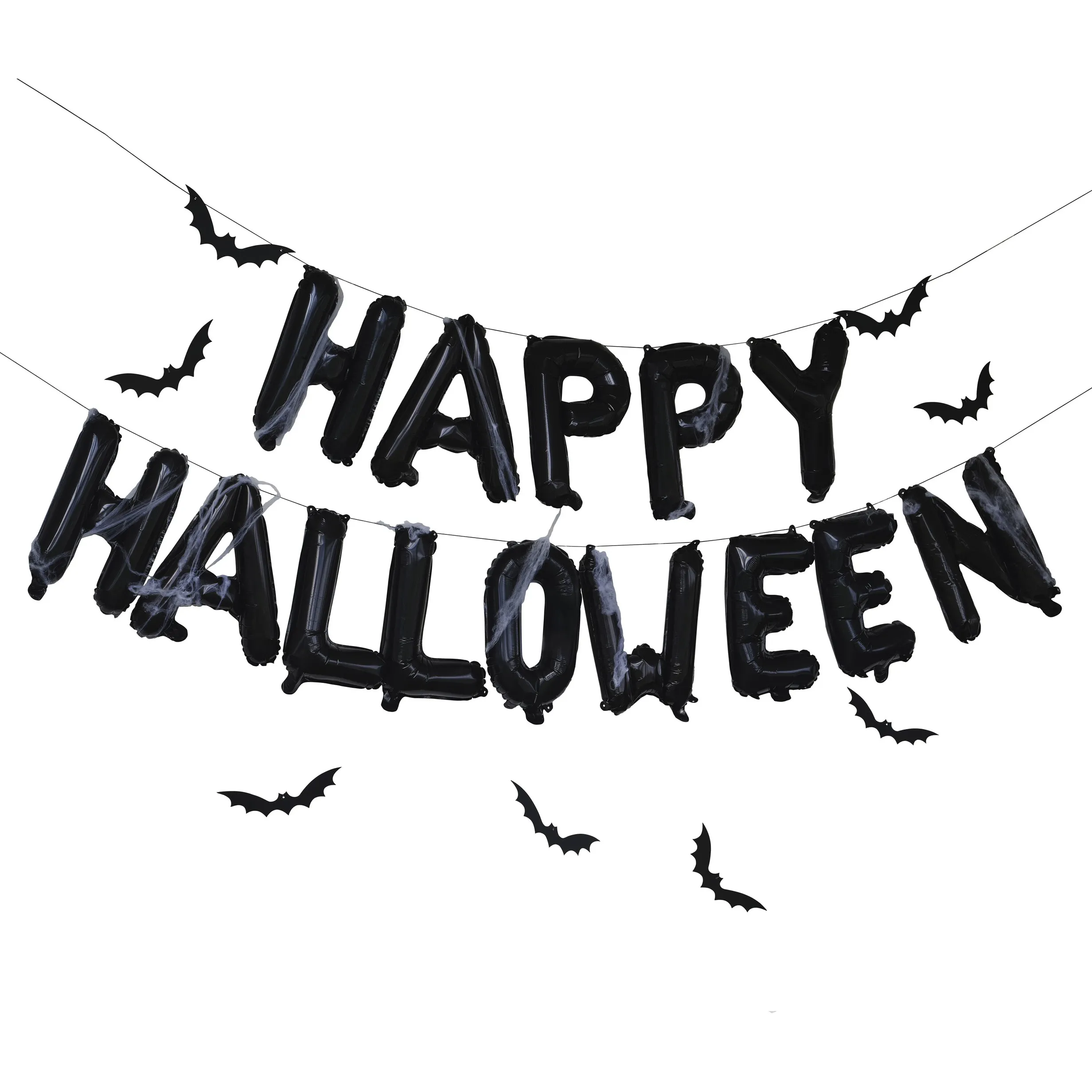 Happy Halloween Ballongirlande mit hängenden Fledermäusen und Spinnenweben