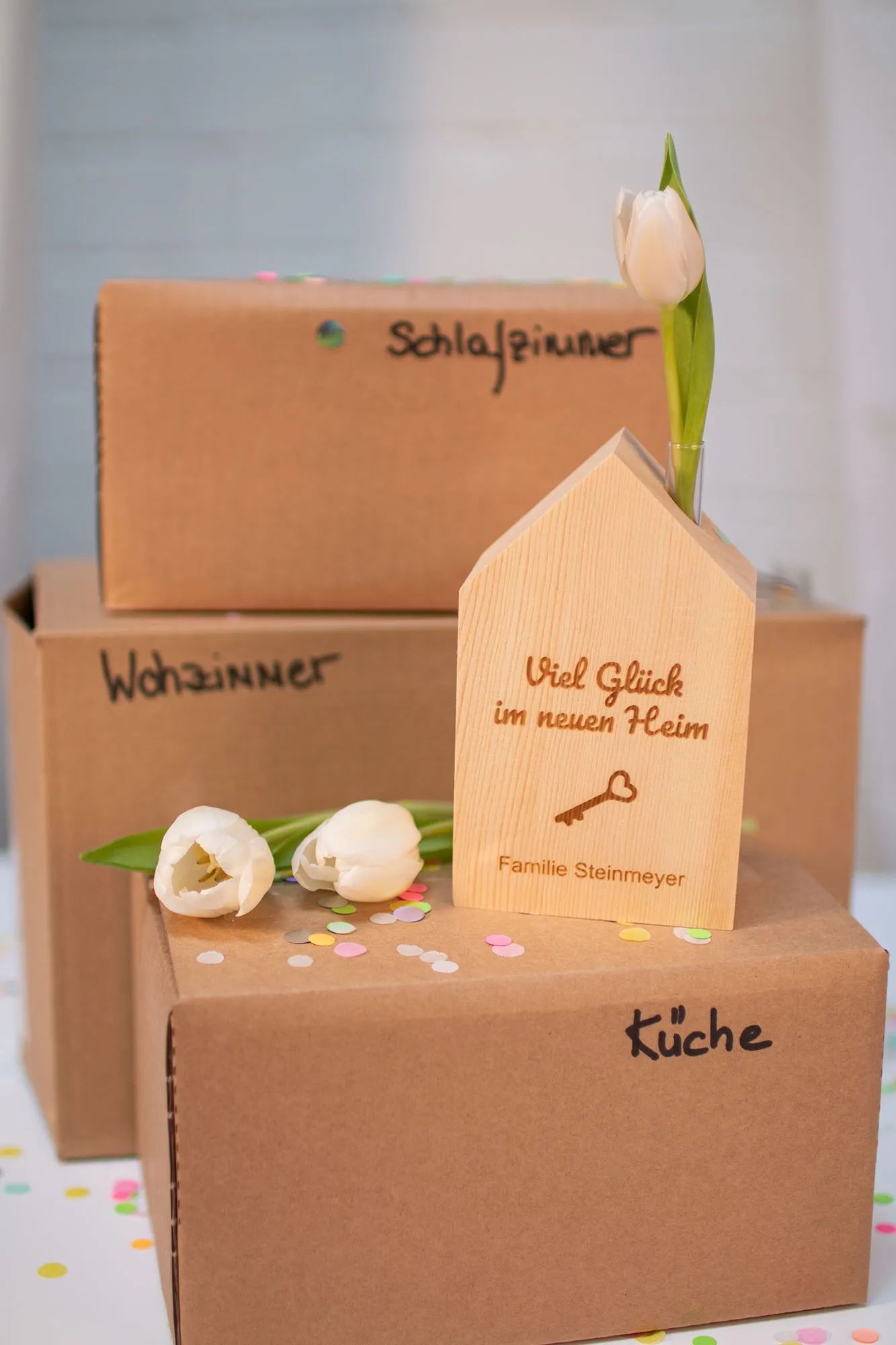 Haus mit Vase zum Einzug