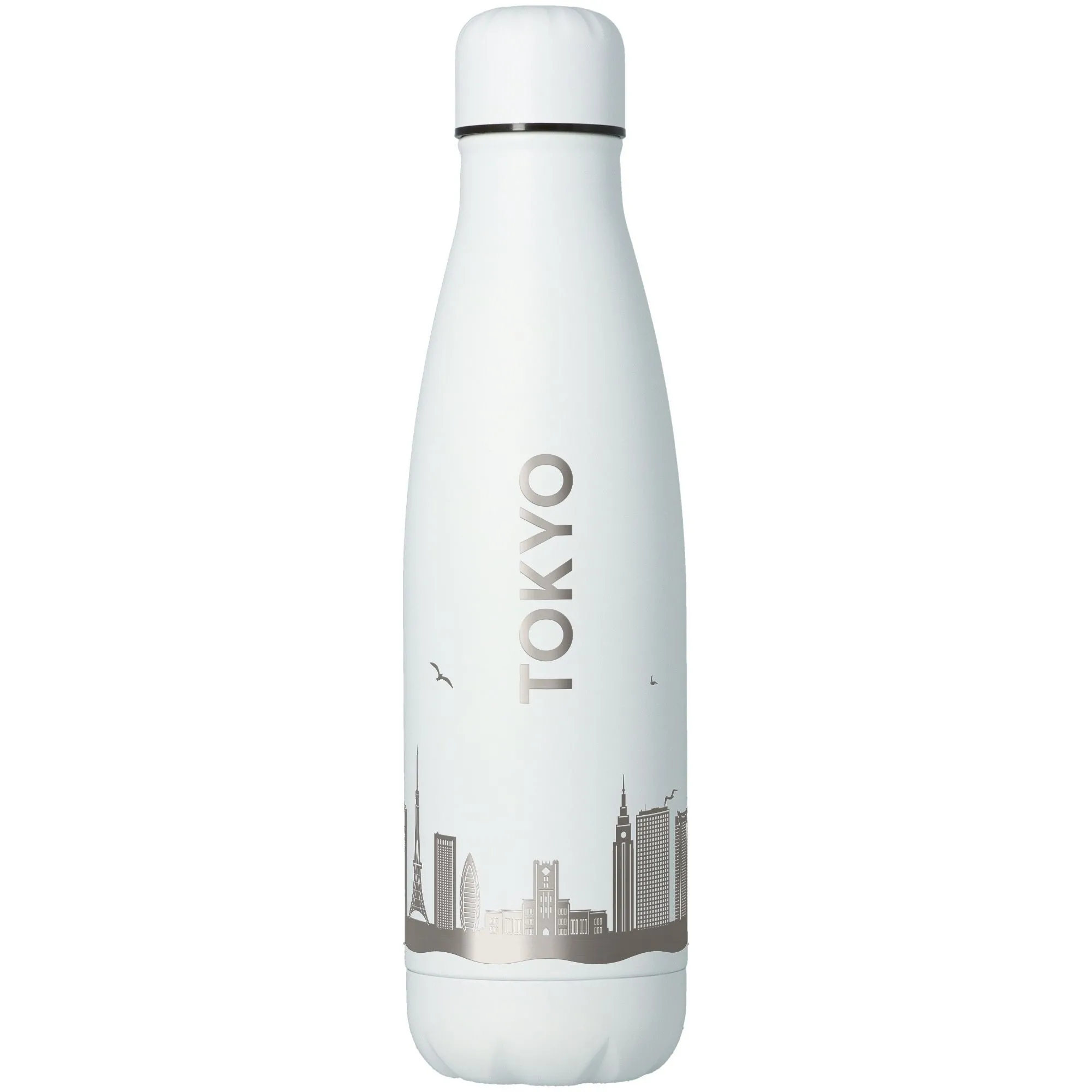wasserflasche, isolierte flasche, thermobehälter, stahlflasche, city-skyline design