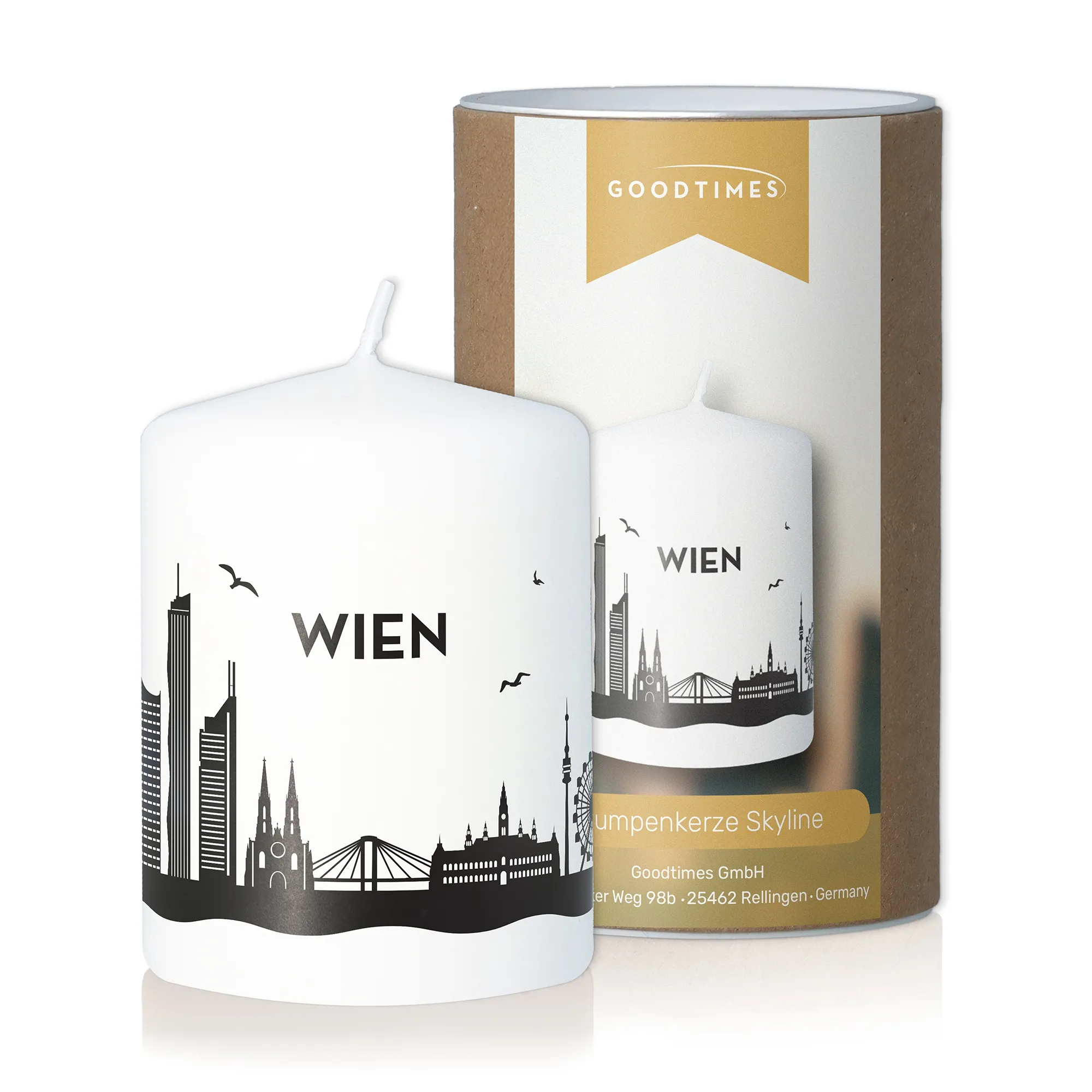 Stumpenkerze Skyline Wien Weiß