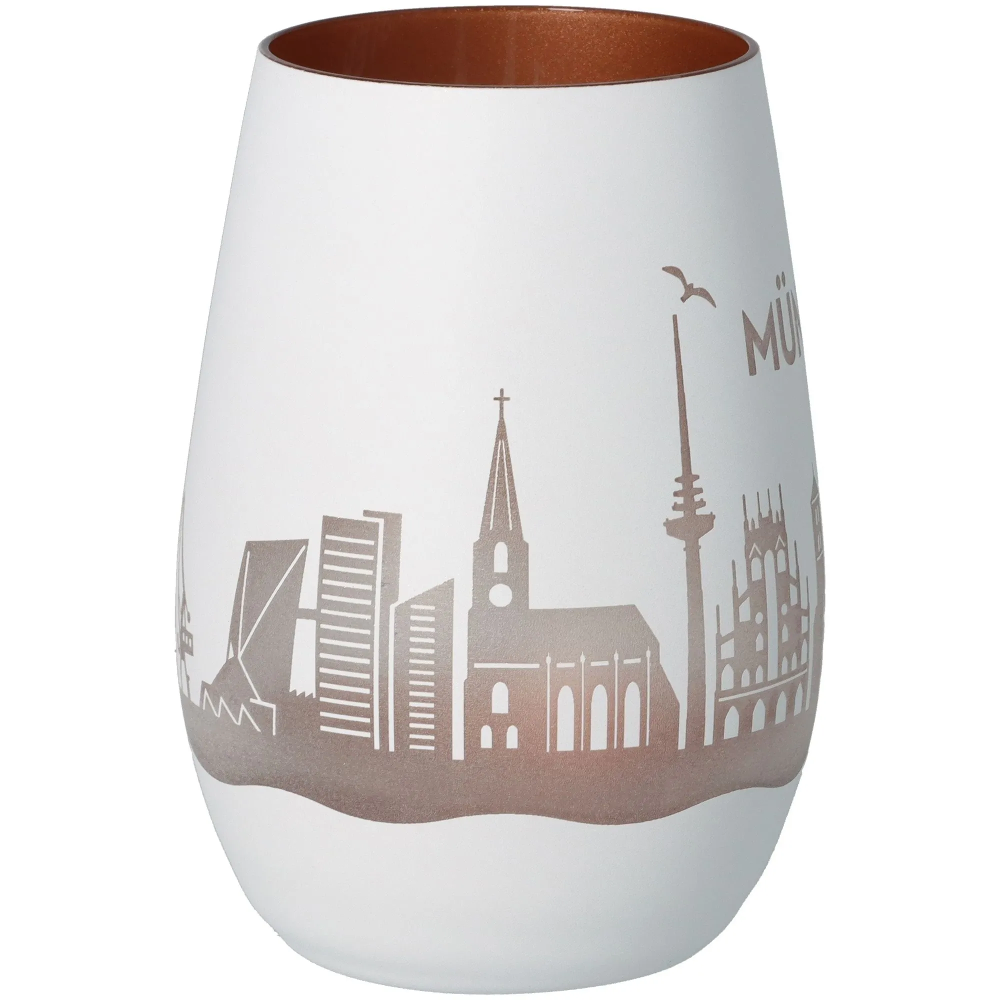 Vase, Keramik, Weiß, Stadt-Silhouette, Braun Innenfarbe