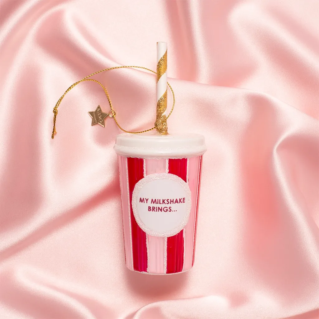 Milksshake-Becher, Strawberry-Pink, Trinkhalm, Glitzer-Design, Kette-Motiv