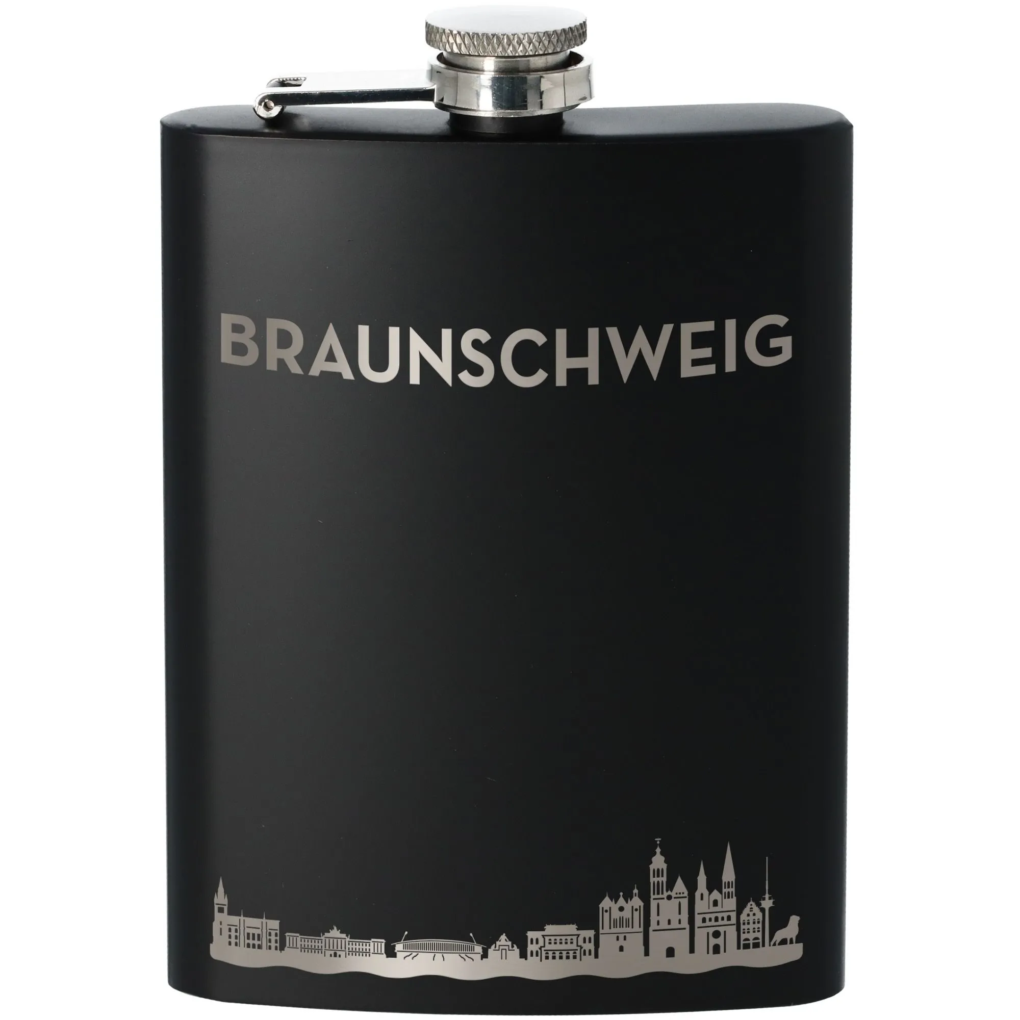 Flachmann, Flachmann Schwarz, Trinkflasche, Koffer-Design, Kartenstadt-Silhouette