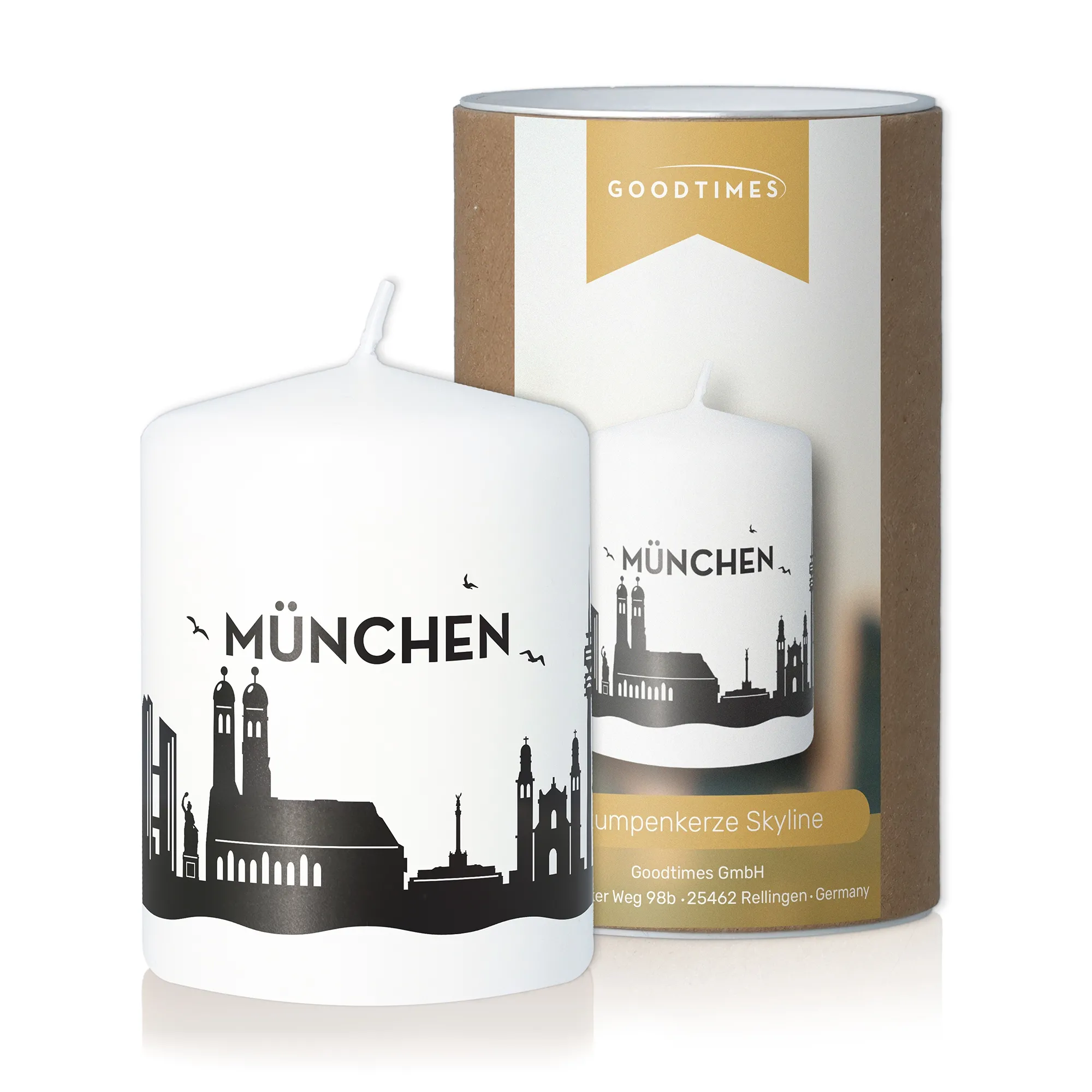Stumpenkerze Skyline München Weiß