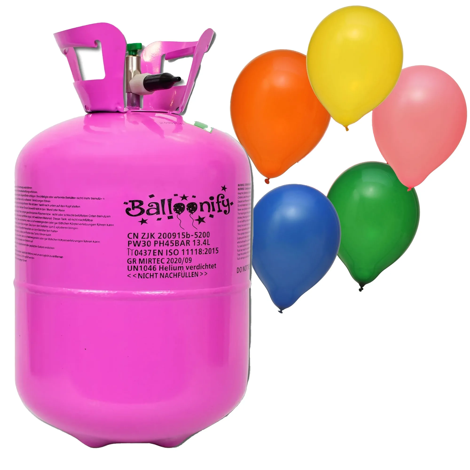 50er Ballonset: 50 bunte Ballons (23 cm) und Bänder mit Helium Einweg-Flasche