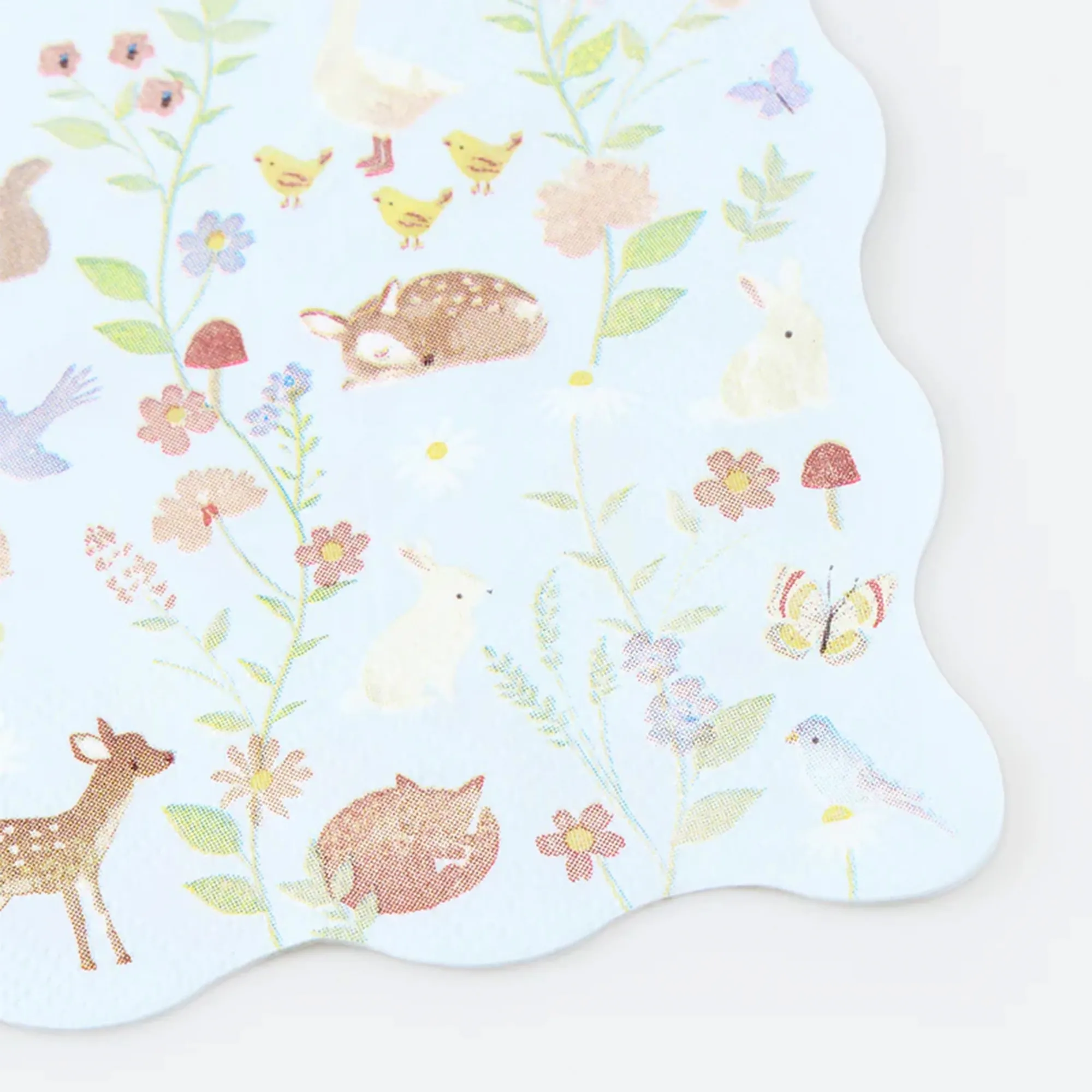 Kinderdecke, Waldtiere, Blumenmuster, Pastellblau, Wiese