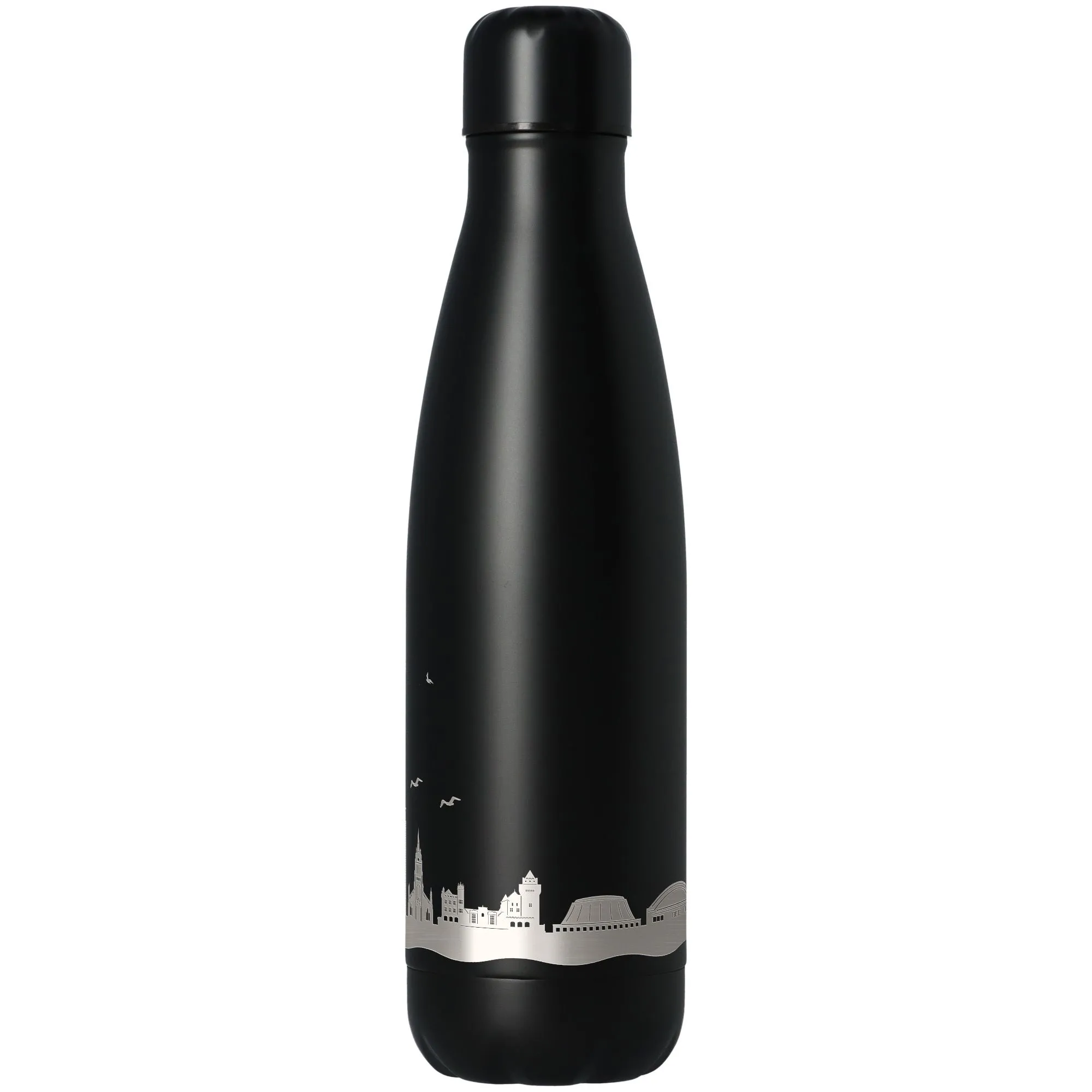 wasserflasche, schwarz, stainless steel, städte-silhouette, reisesiegel