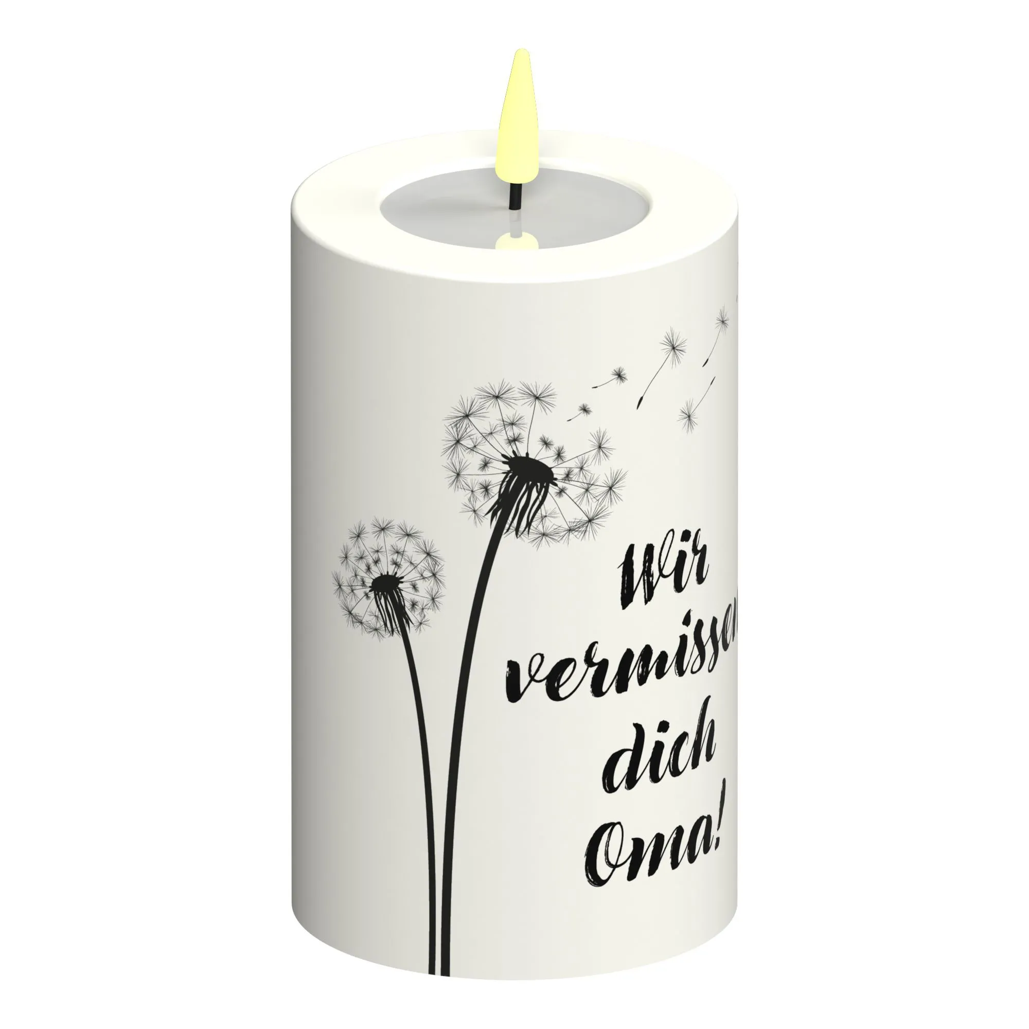 LED Stumpenkerze Weiß Pusteblume "Wir vermissen dich Oma!"