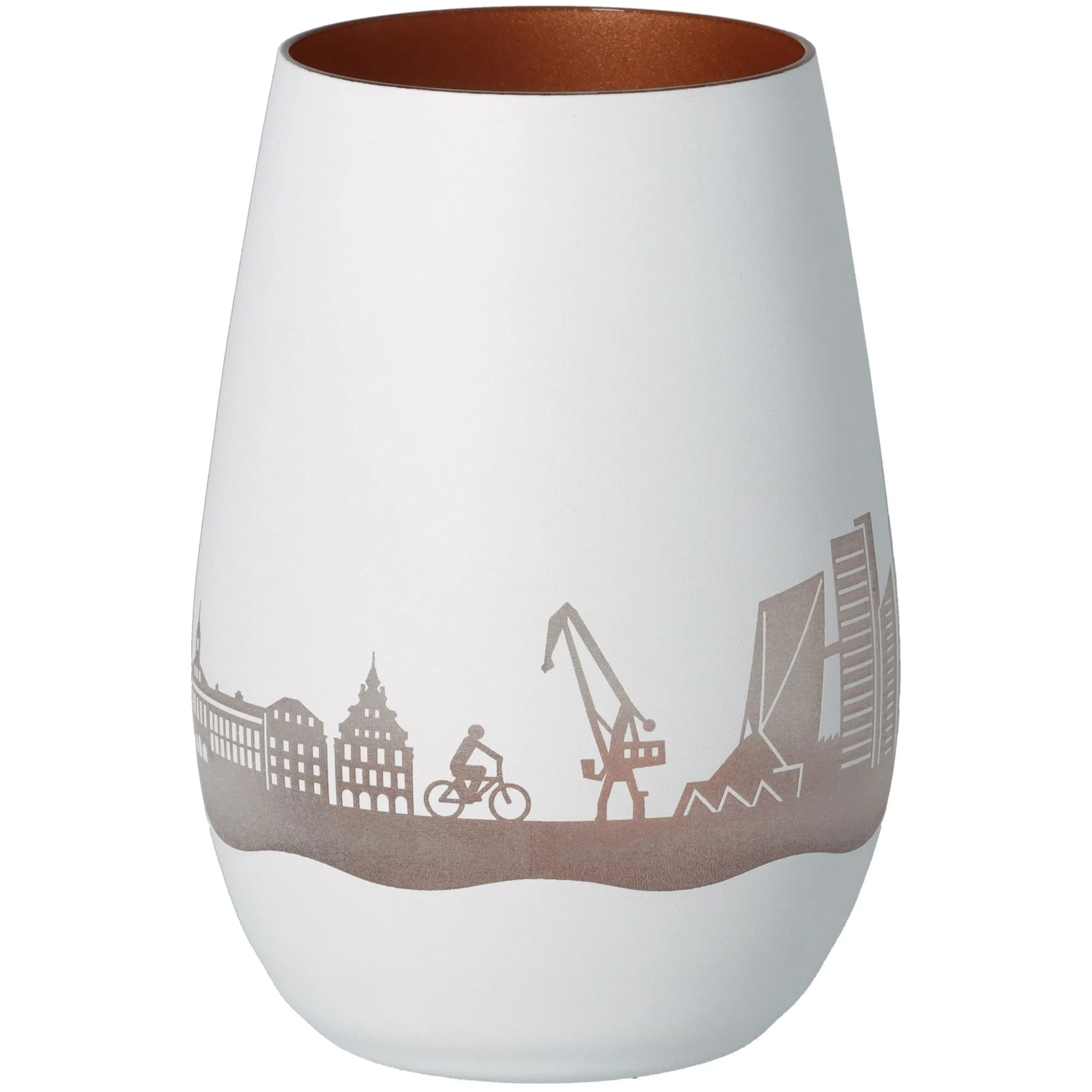 vase, weiß, Stadt-Silhouette, braune Rand, Keramik
