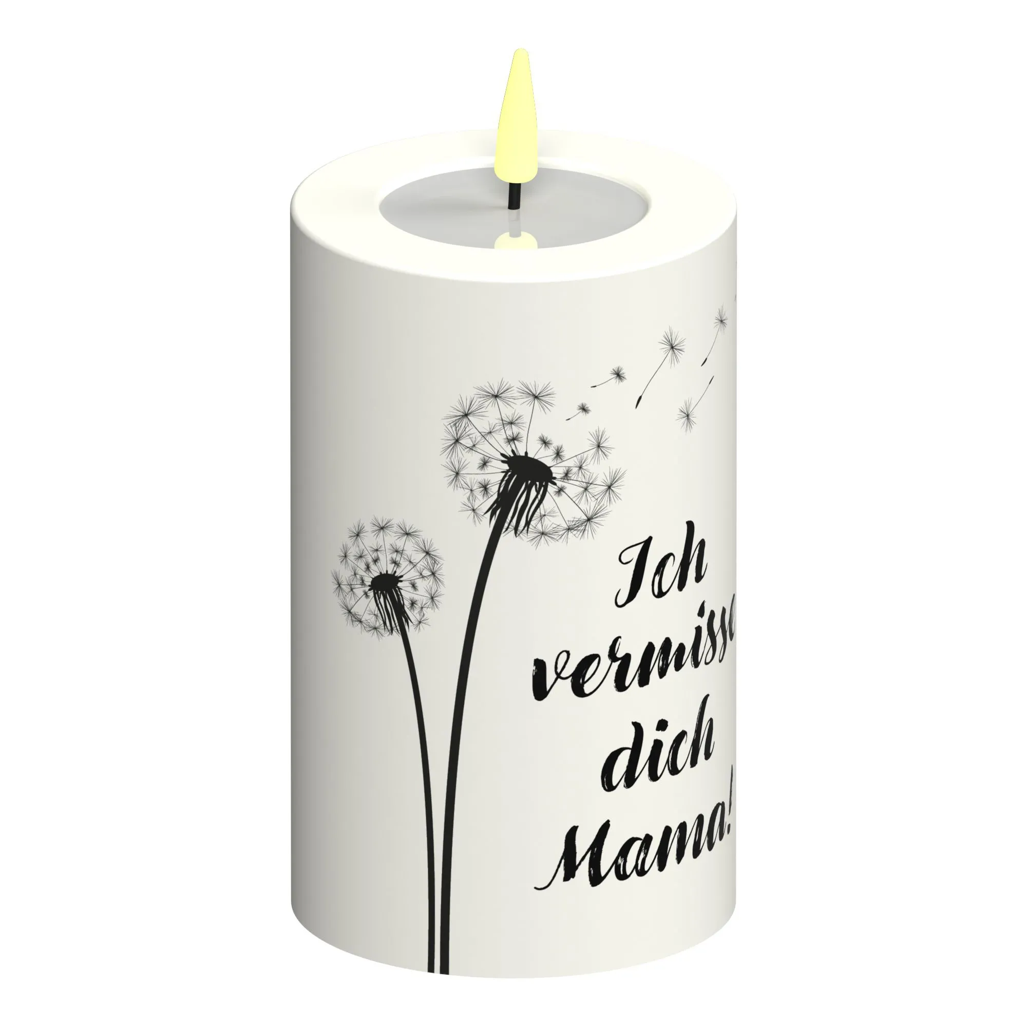 LED Stumpenkerze Weiß Pusteblume "Ich vermisse dich Mama!"