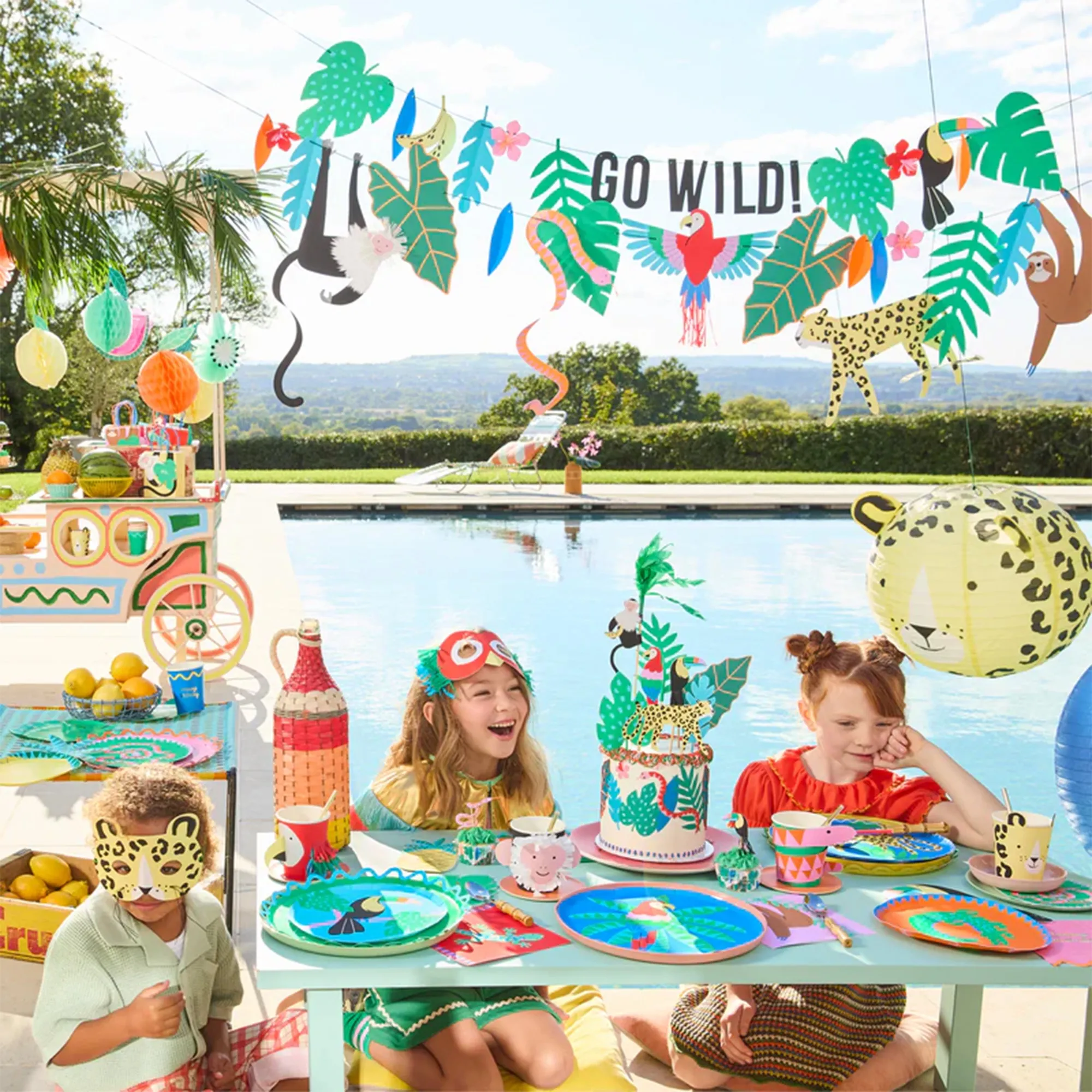 party, kinder, poolside, geschirr, deko