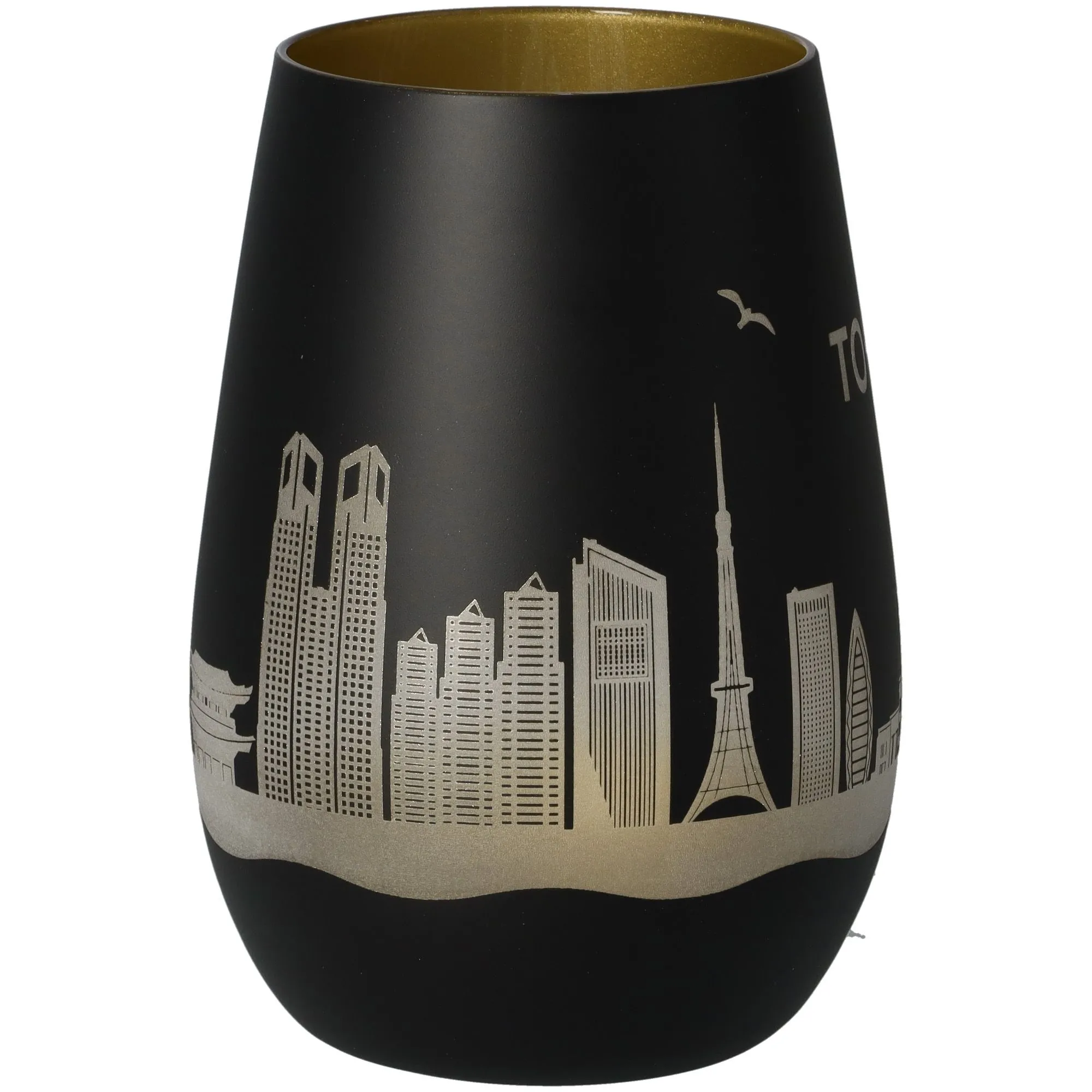 vase, keramik, schwarz, stadtlandschaft, goldenes muster