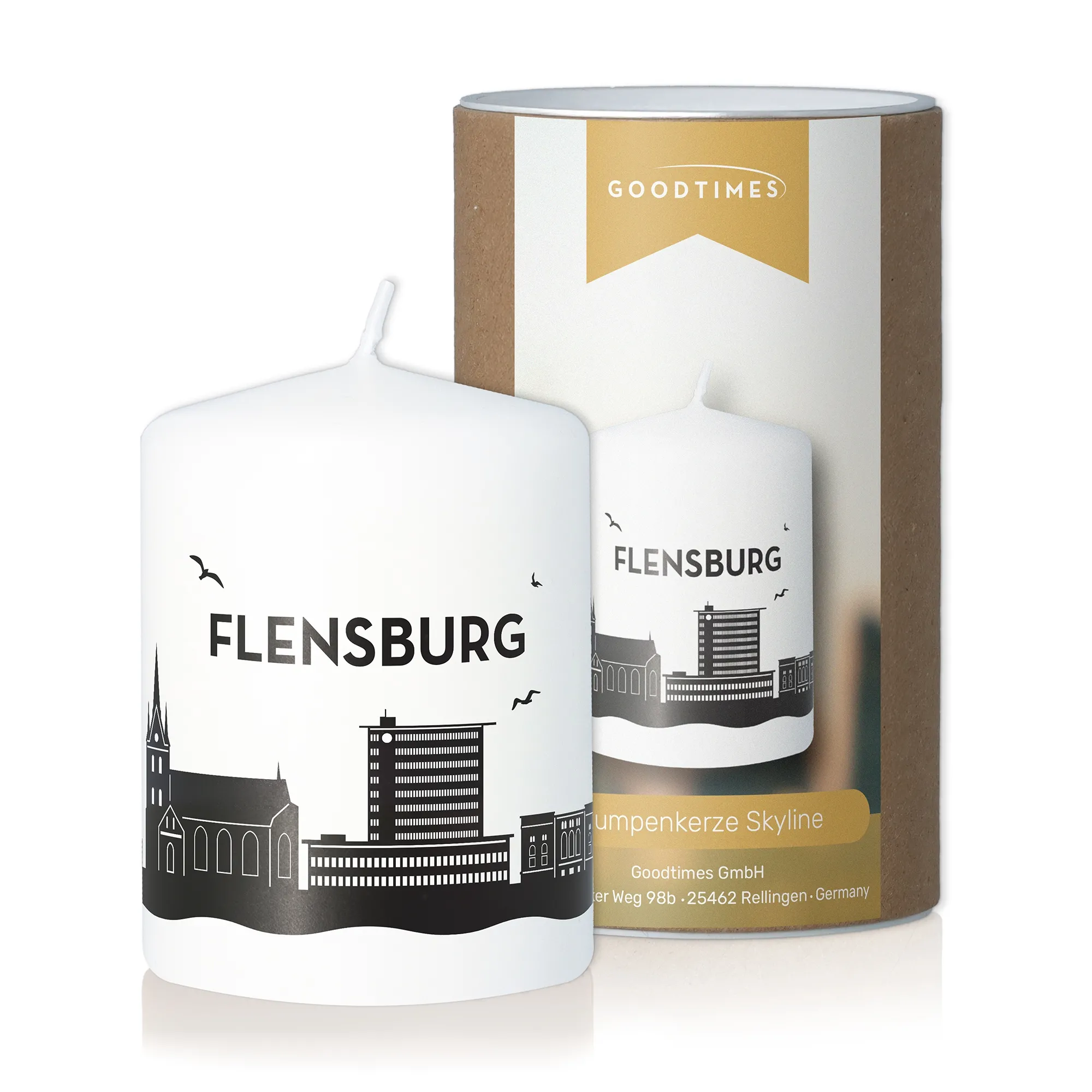 Stumpenkerze Skyline Flensburg Weiß