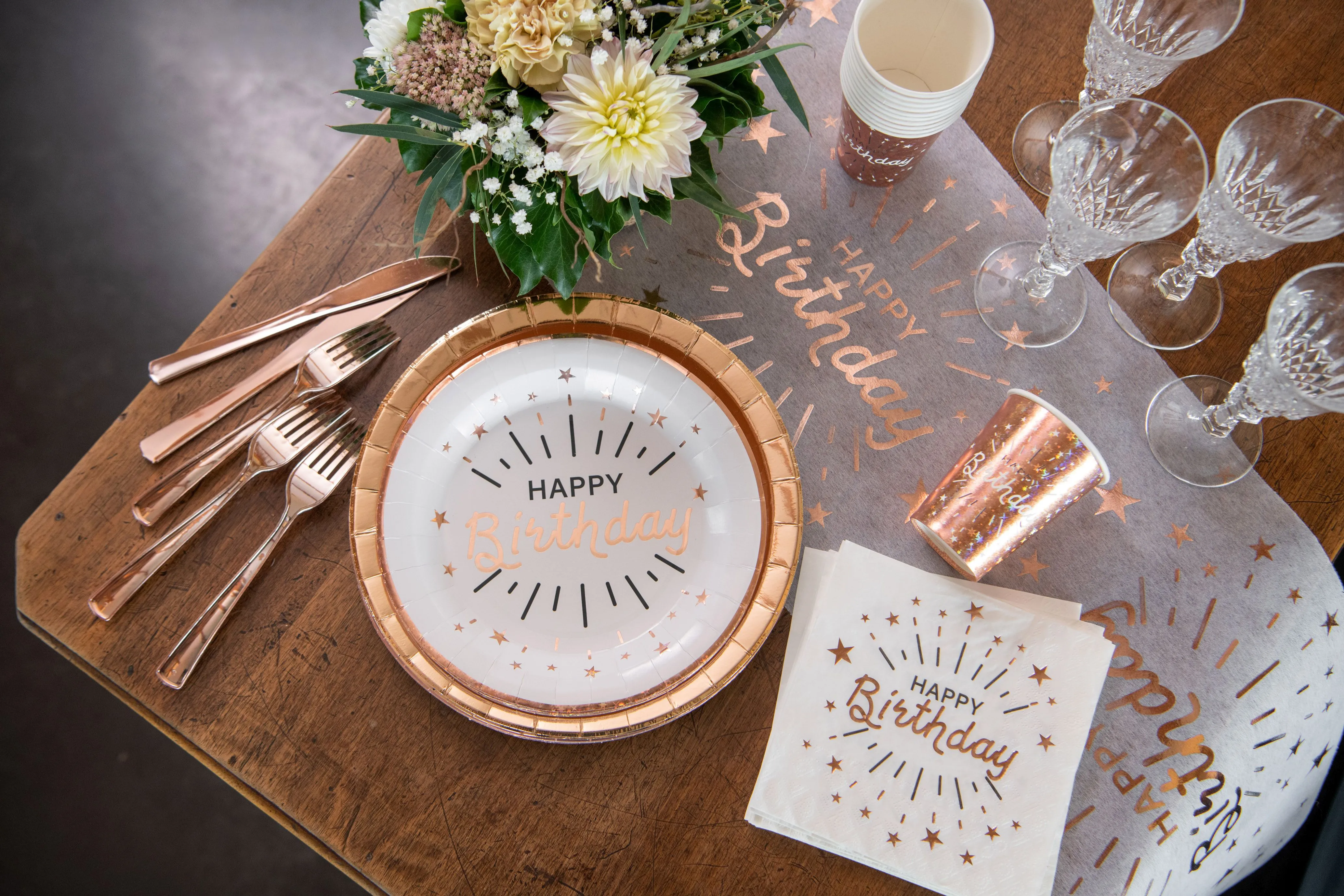10 Servietten "Happy Birthday", Weiß/Roségold