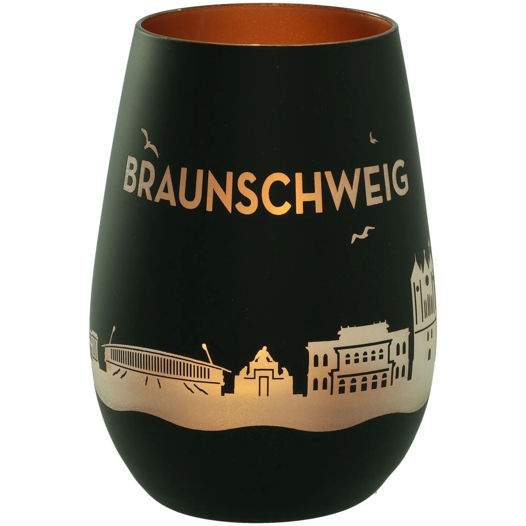 Vase, Glas, Schwarz, Goldfolie, Stadtbild