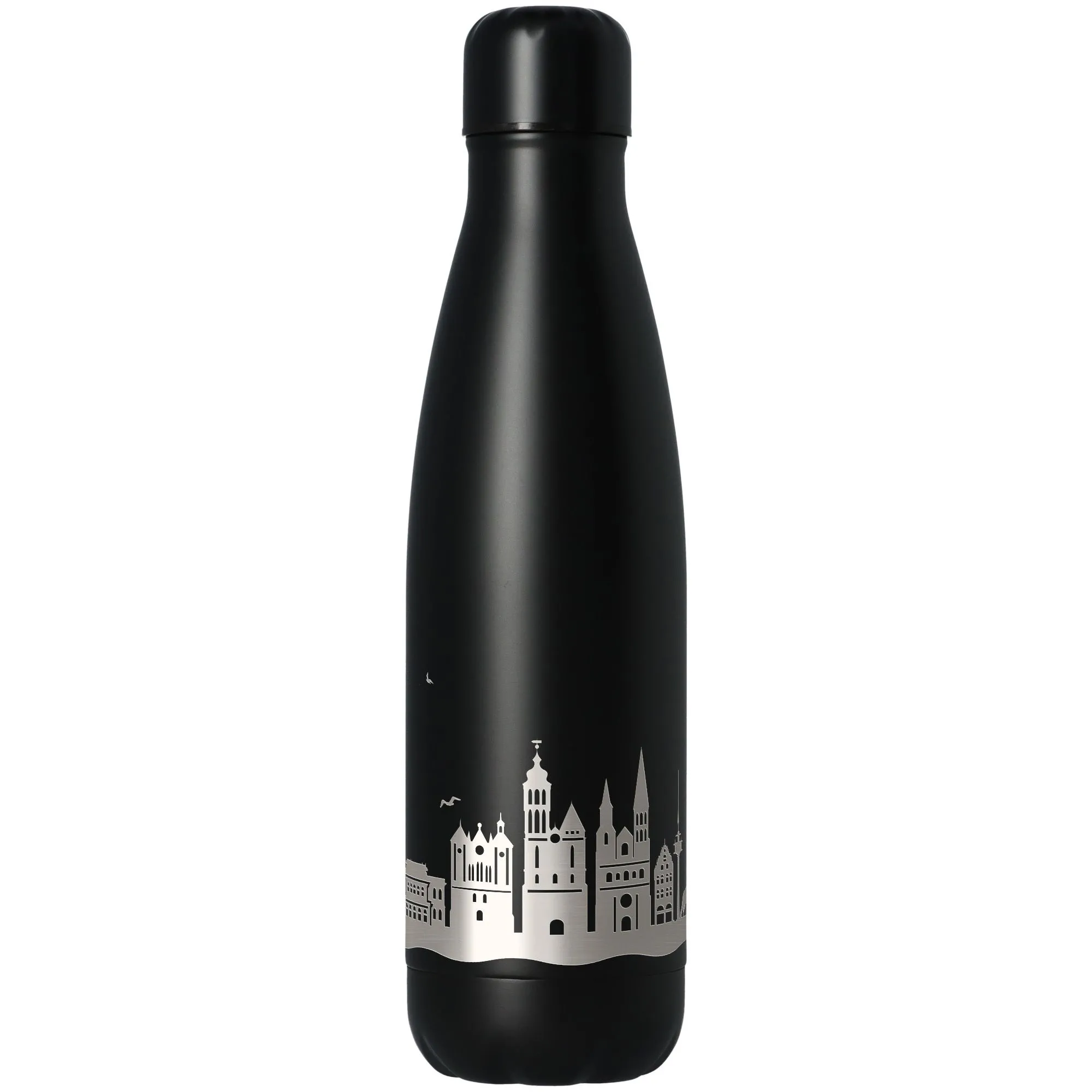 Thermalflasche, Stahl, schwarz, Stadt-Silhouette, Wasserflasche