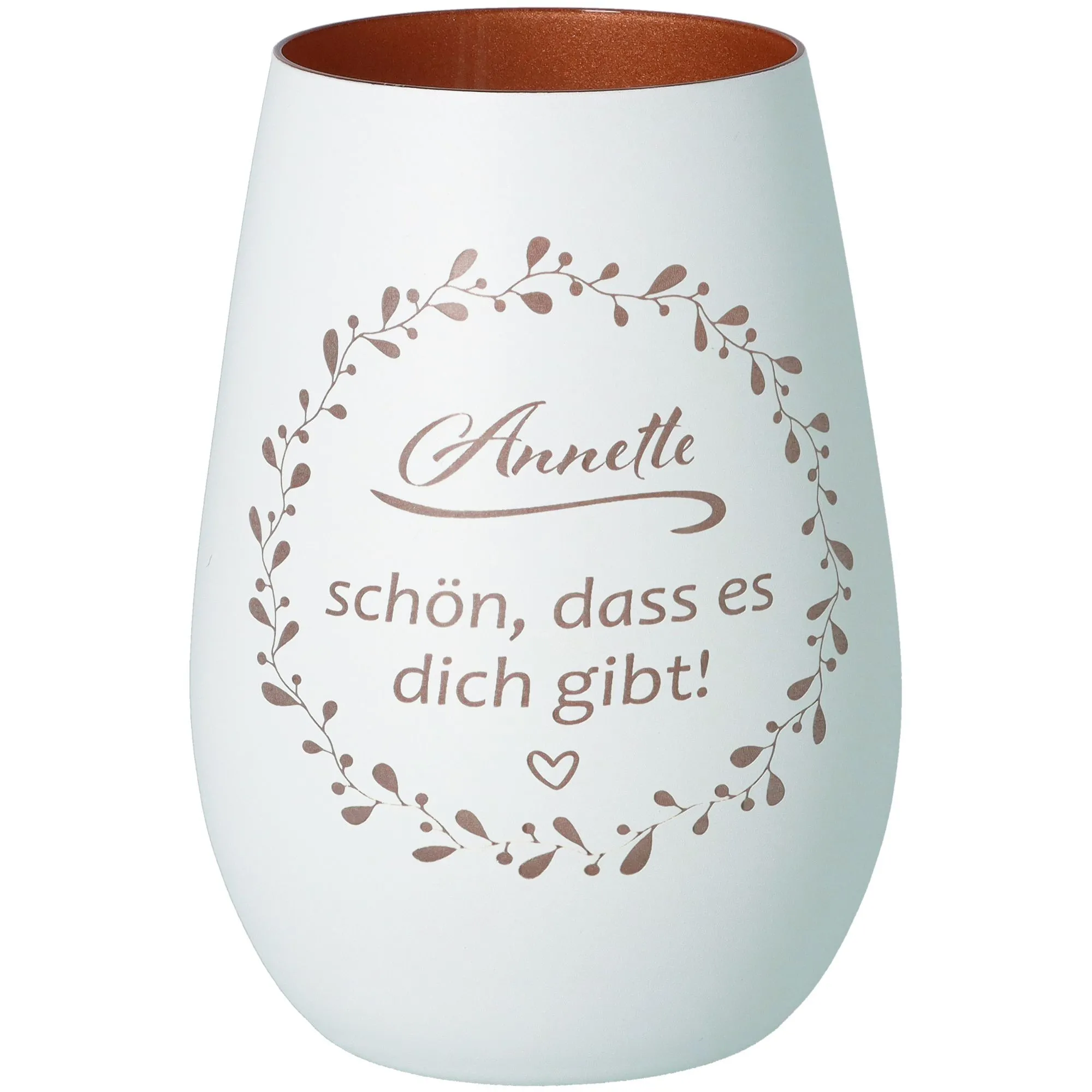 Windlicht Schön, dass es dich gibt "Name" Weiß/Bronze 465ml