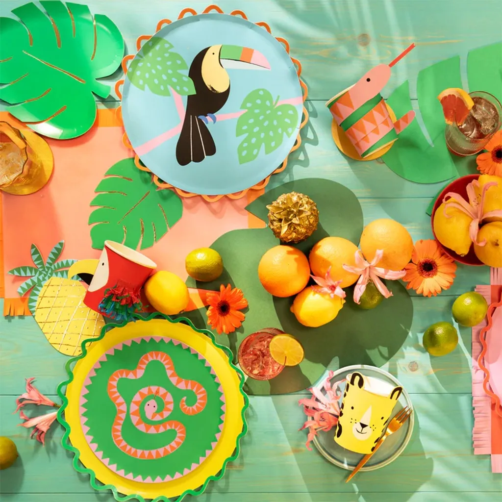 Pappteller, Teller mit Vogel, Fruchtplatte, Dekoration, Sommerparty
