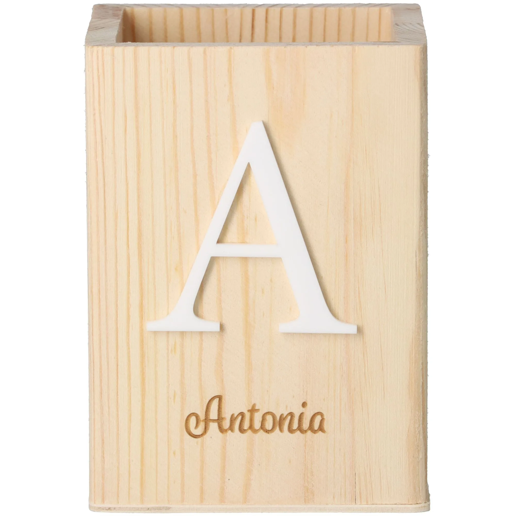 Stiftehalter Initial & "Name" aus Holz 11cm x 8cm x 8cm