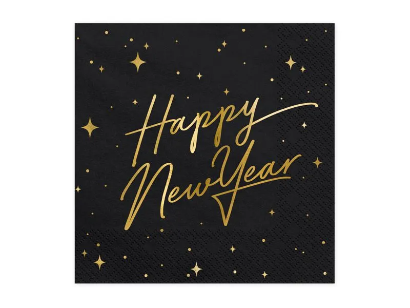 20 Servietten - "Happy New Year" Schwarz/Gold