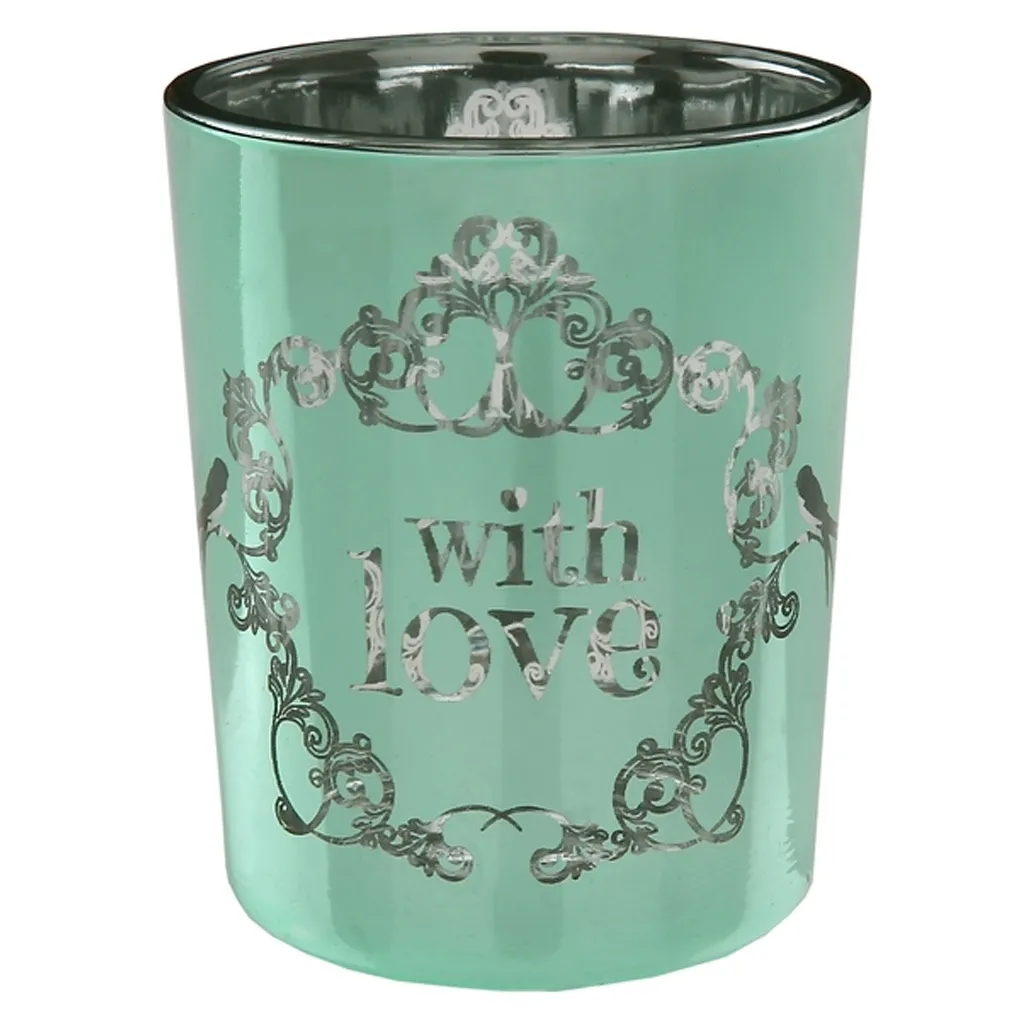 2 Teelichtgläser "with love" Blau & Grün
