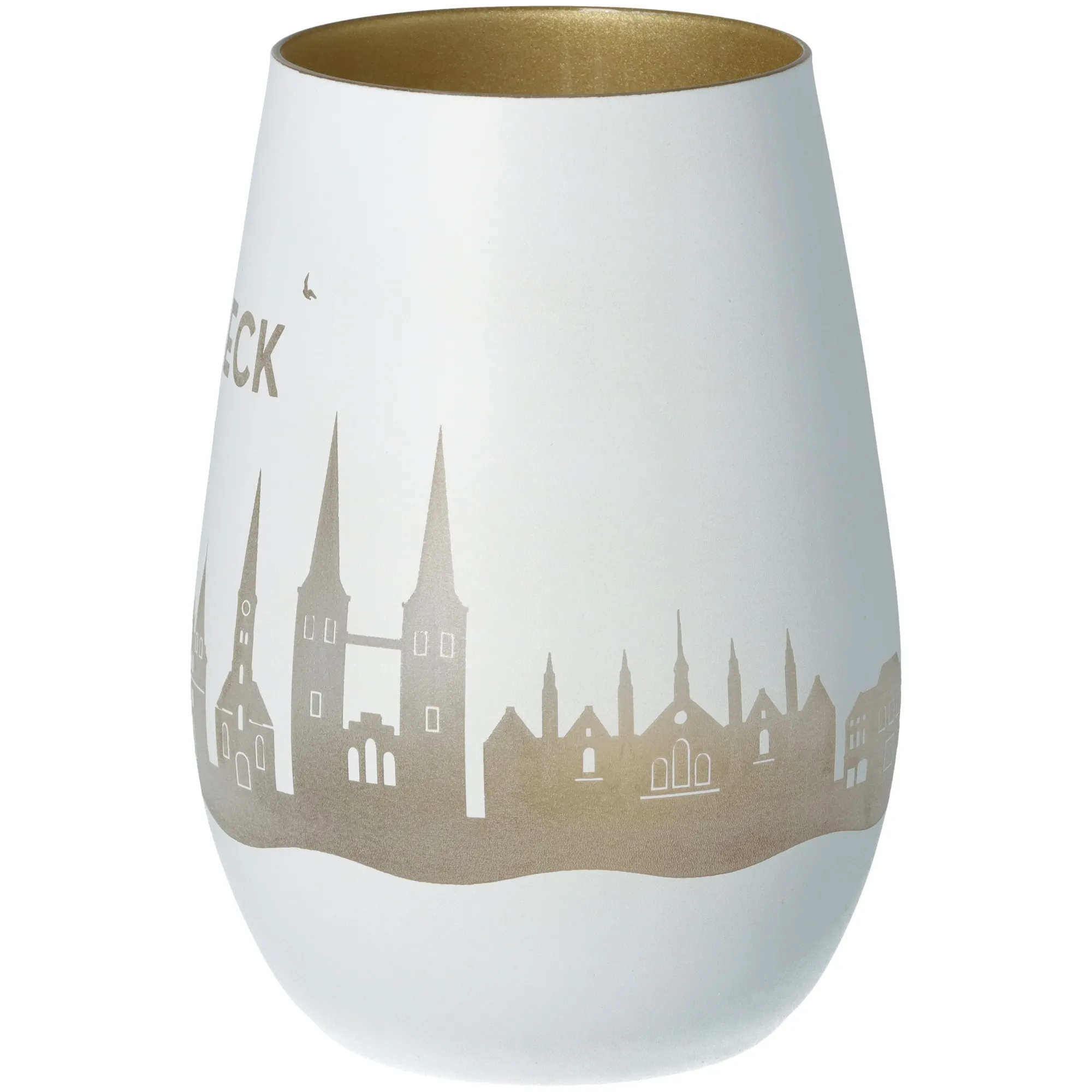 Windlicht Skyline Lübeck Weiß/Gold