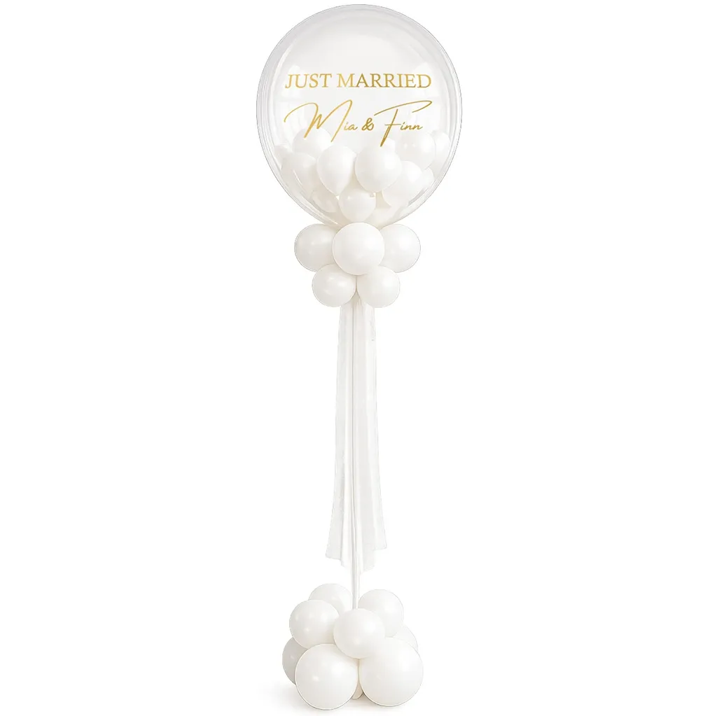 Ballonstrauß, Hochzeitsdekoration, Ballonbogen, Weiße Ballons, Just married Schild