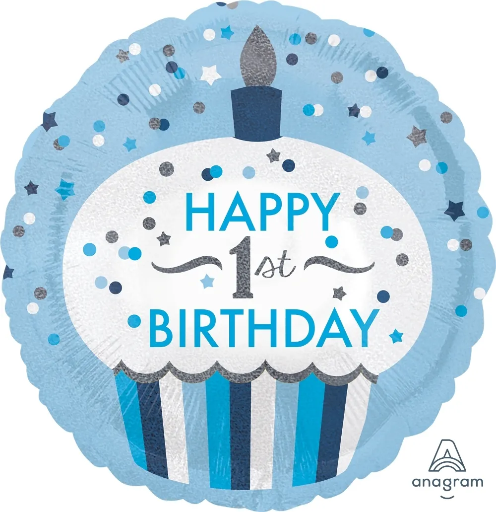 Folienballon Holographic "Happy 1st Birthday" Cupcake für Jungen 45cm