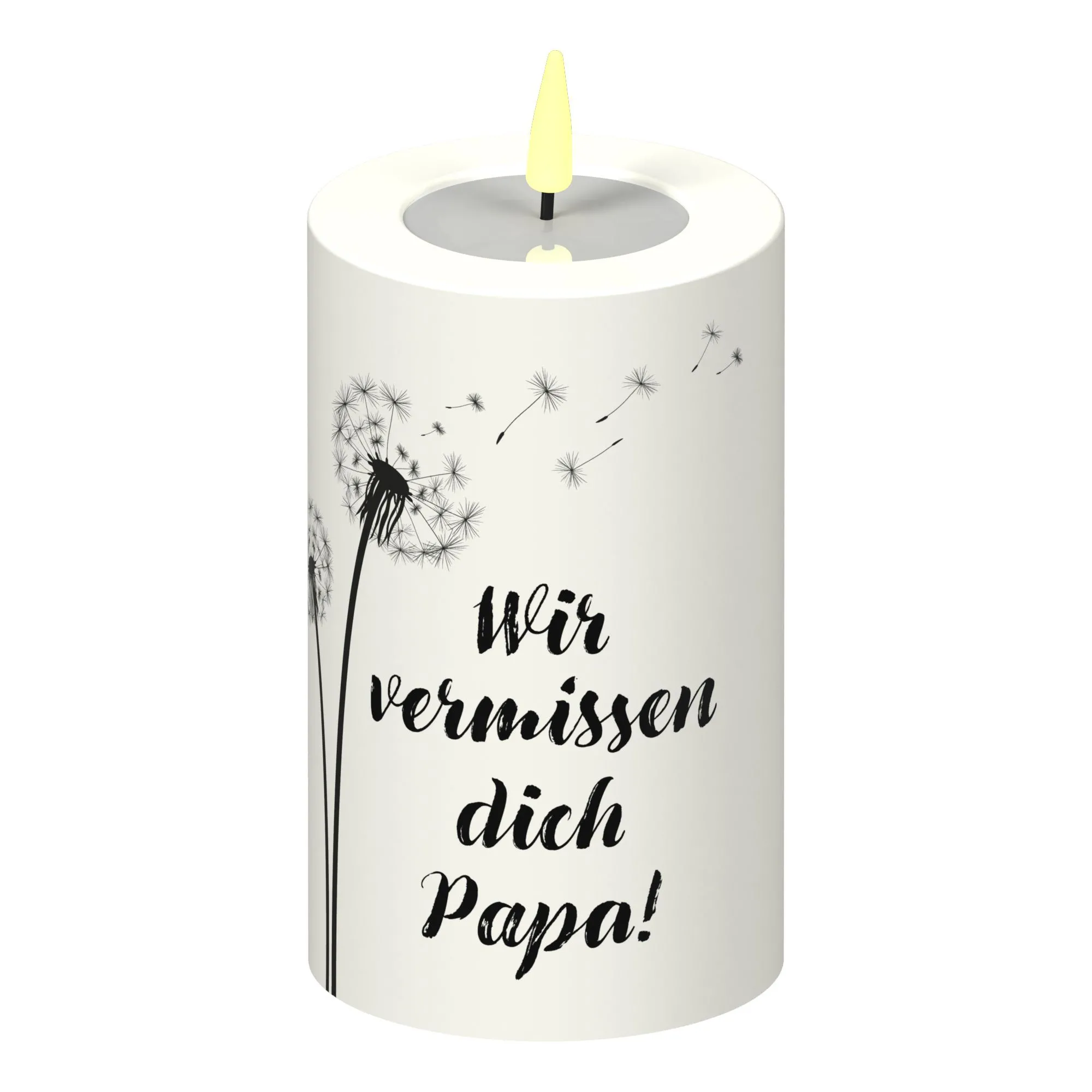 LED Stumpenkerze Weiß Pusteblume "Wir vermissen dich Papa!"