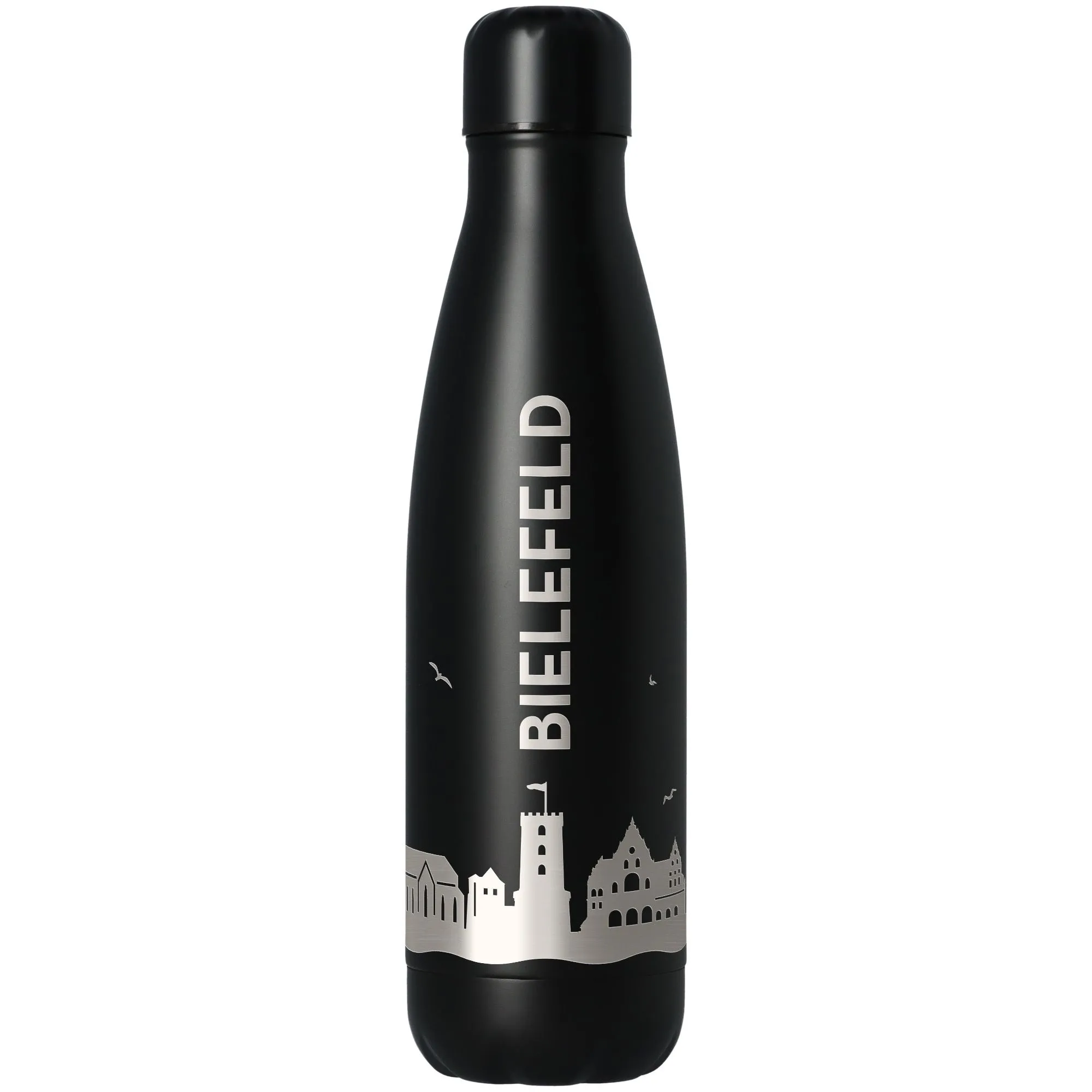 Thermalflasche, Wasserflasche, Alltag, schwarz, Stadtmotiv