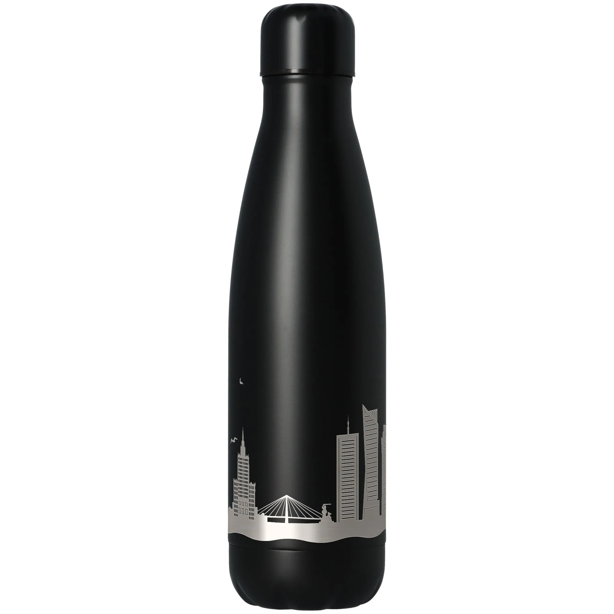 flasche, thermisch, stahl, schwarz, städte-silhouette