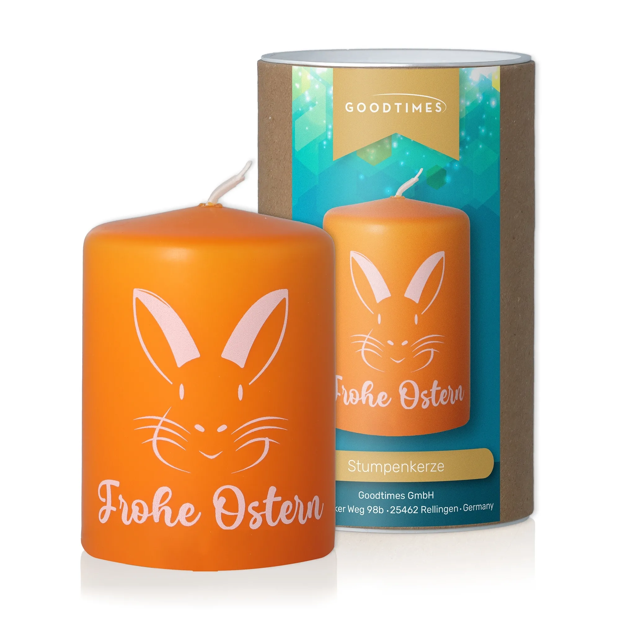 Stumpenkerze Orange "Frohe Ostern"