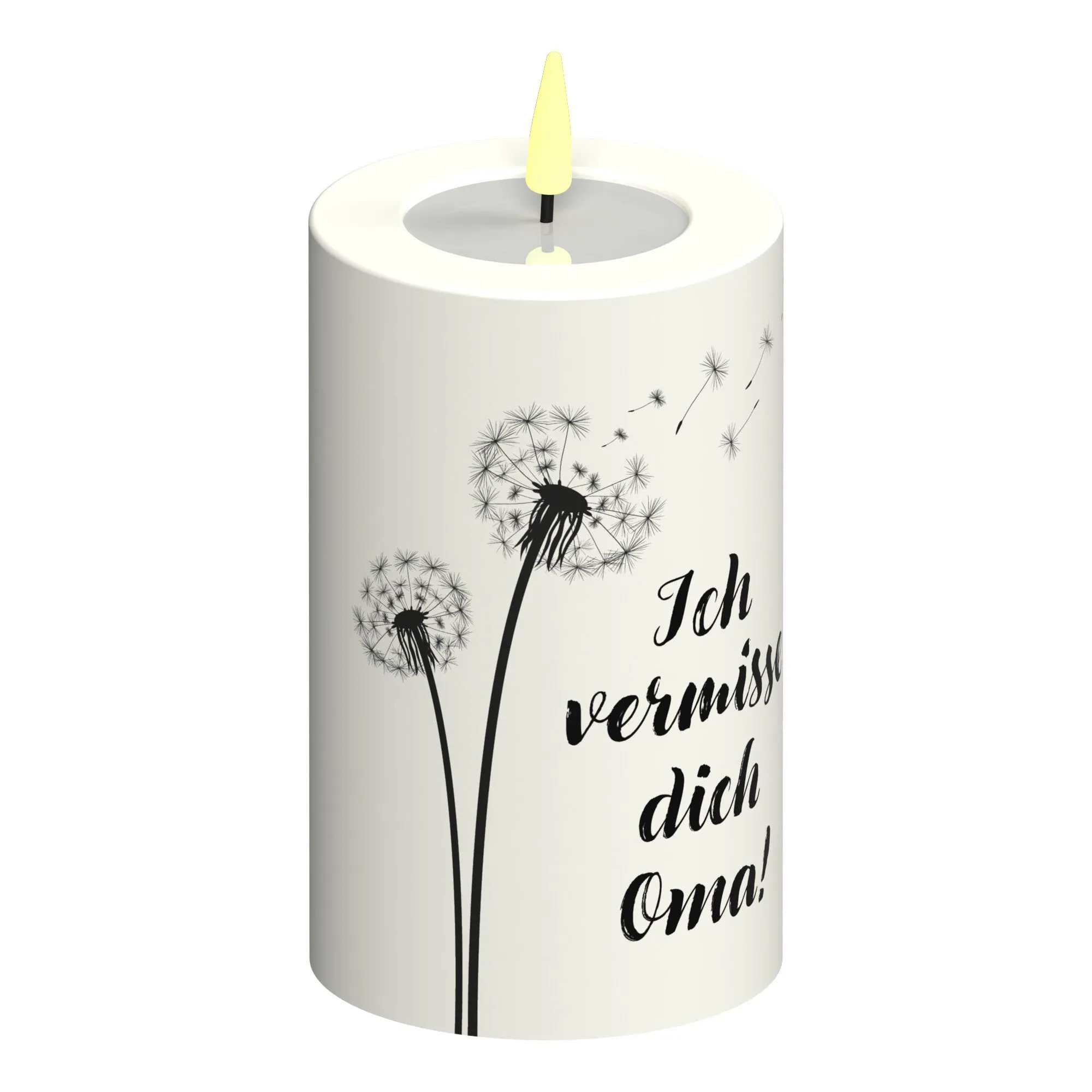 LED Stumpenkerze Weiß Pusteblume "Ich vermisse dich Oma!"