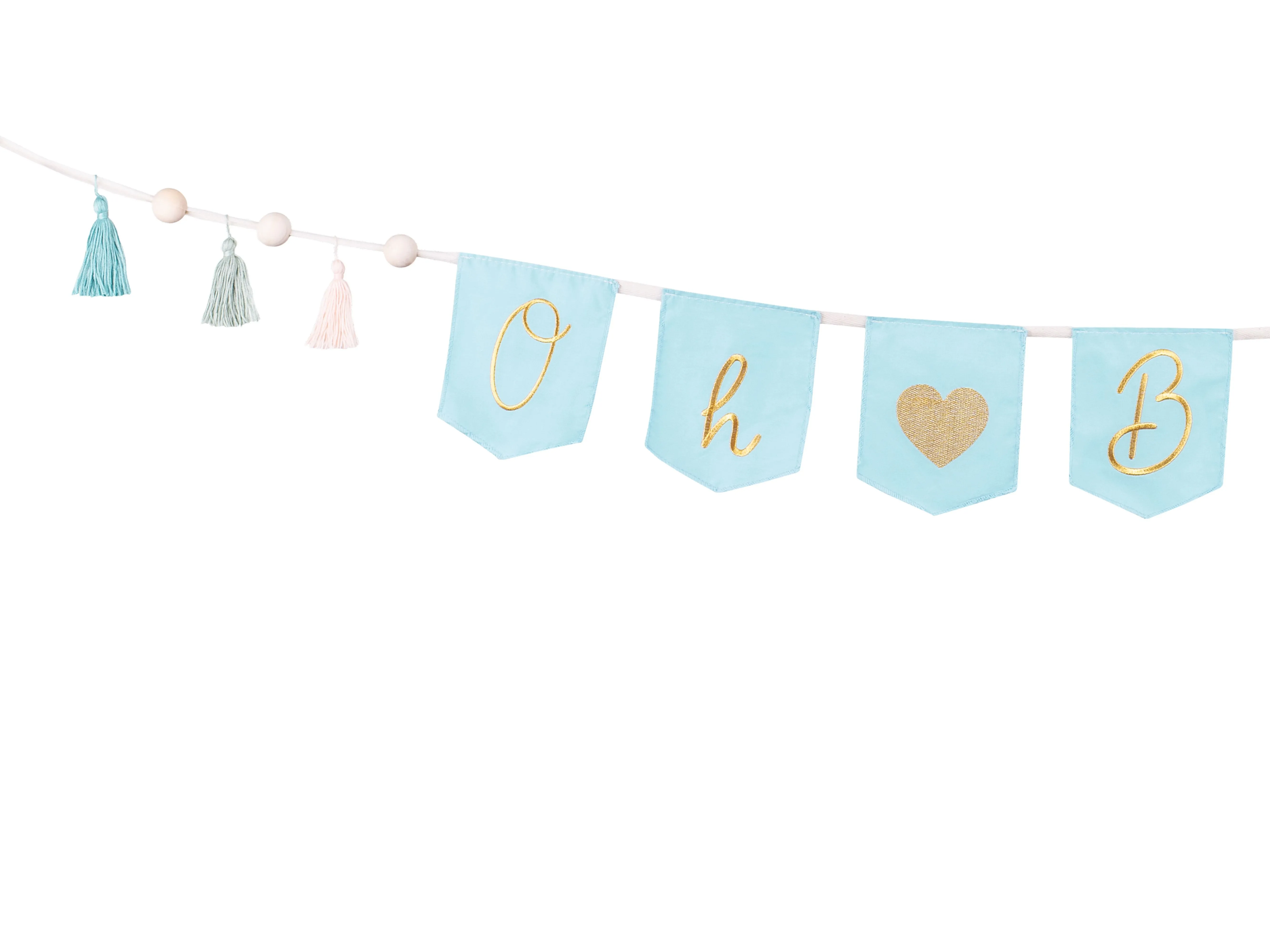 Stoffgirlande "Oh ♥ Baby" mit Tasseln Hellblau/Gold
