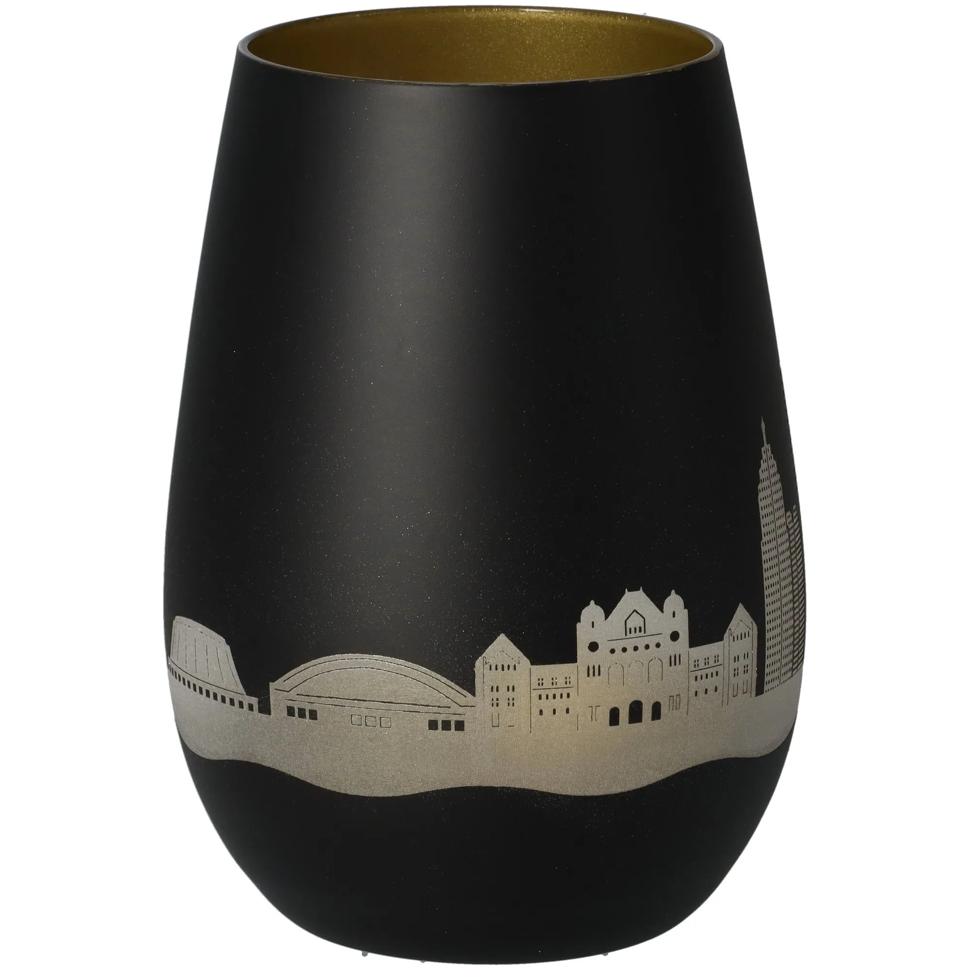 Vase, Schwarz, Silber-Farbdesign, Stadt-Silhouette, Glas/Vasengröße mittel