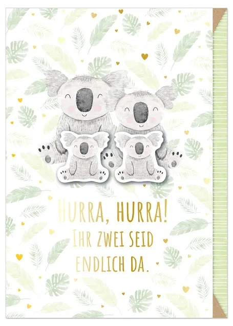 Grußkarte 3D "Hurra, Hurra! Ihr zwei seid endlich da!"