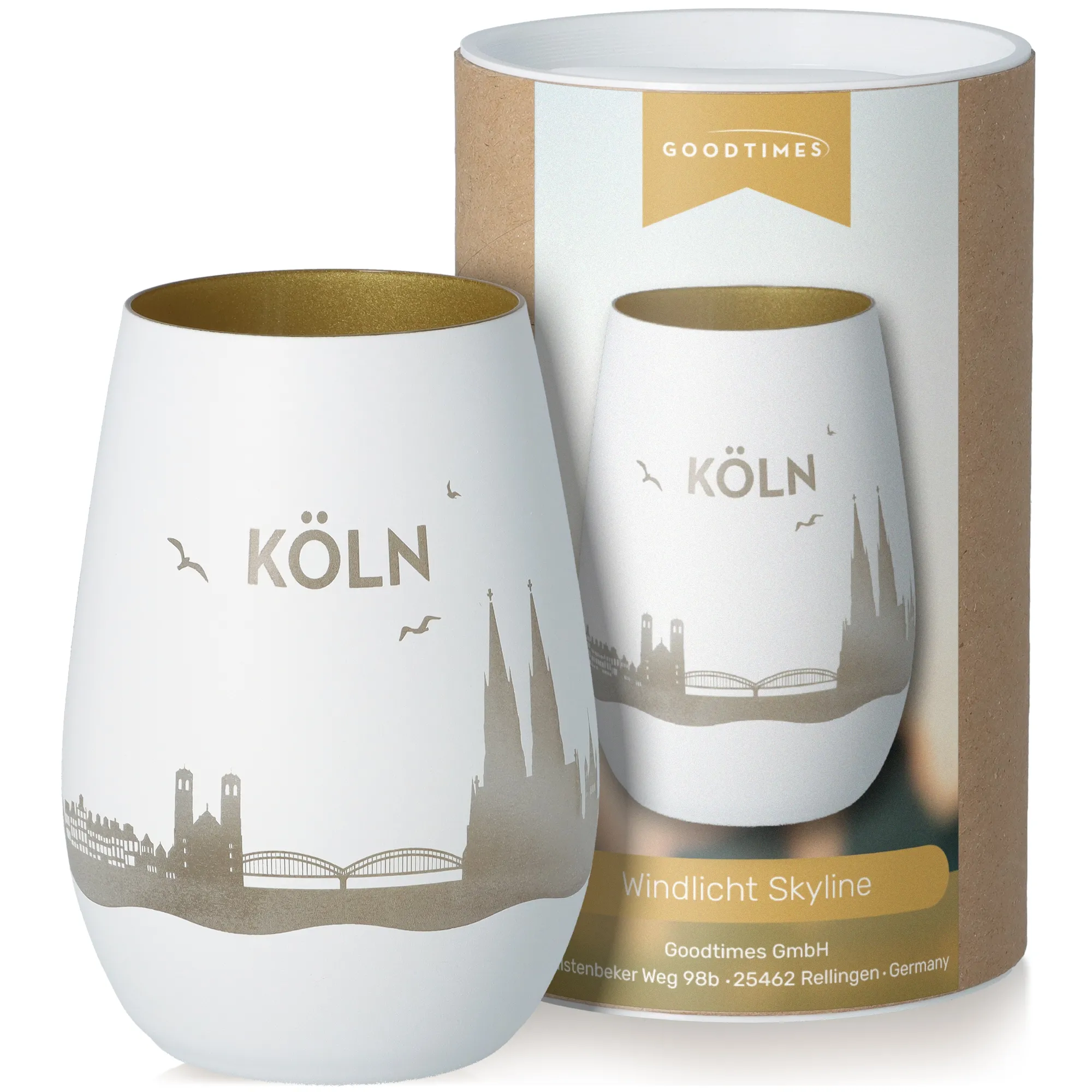 Windlicht Skyline Köln Weiß/Gold
