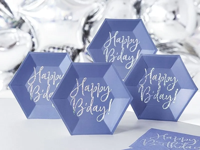 6 Pappteller "Happy Birthday" -  Blau/Silber