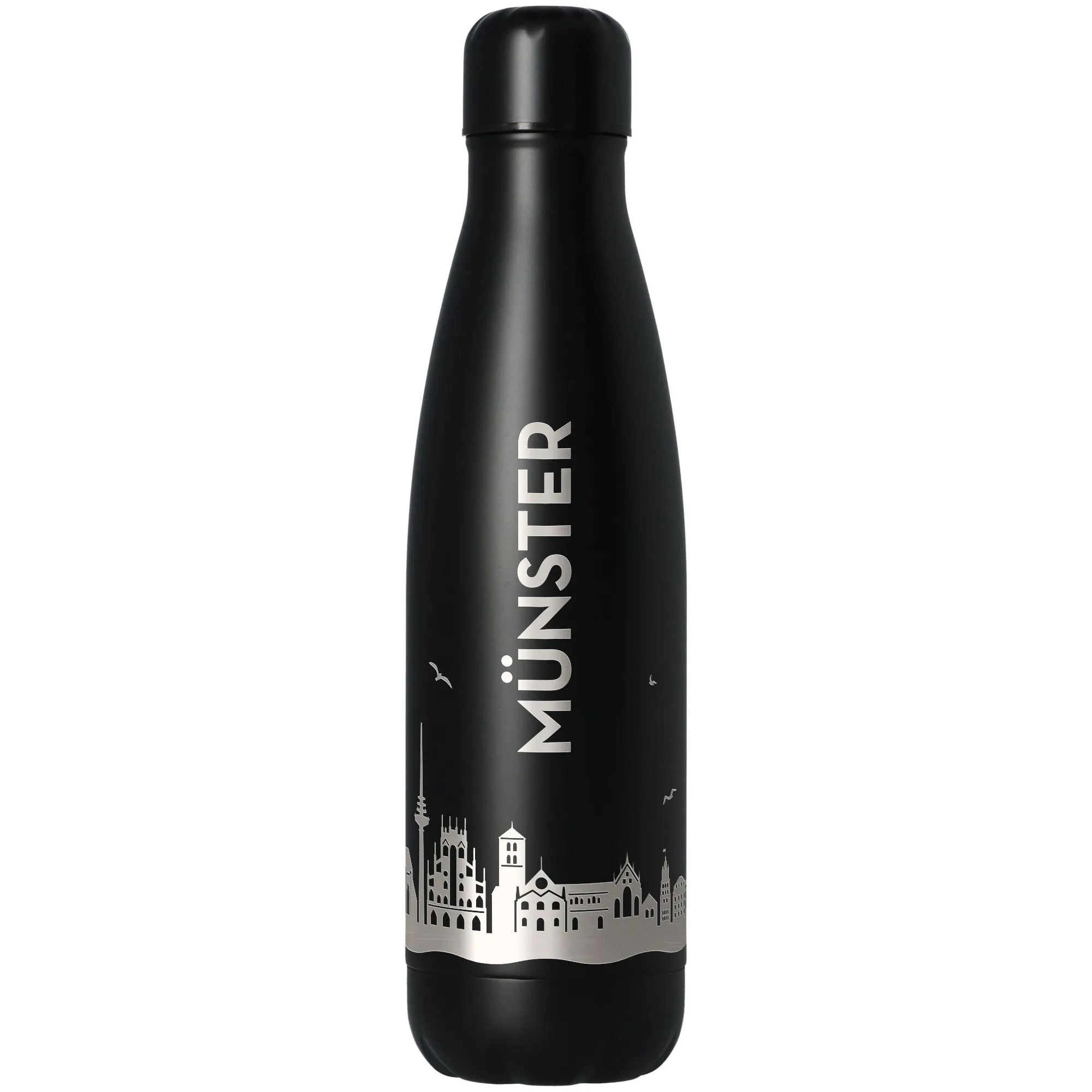 Isolierflasche, Edelstahl, Schwarz, Stadt-Silhouette, Münster