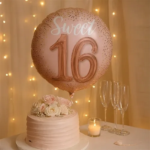 balloon, cake, rose decor, golden, 15th birthday