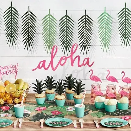 tropical decor, party banner, pineapple, fruit platter, pink flamingo