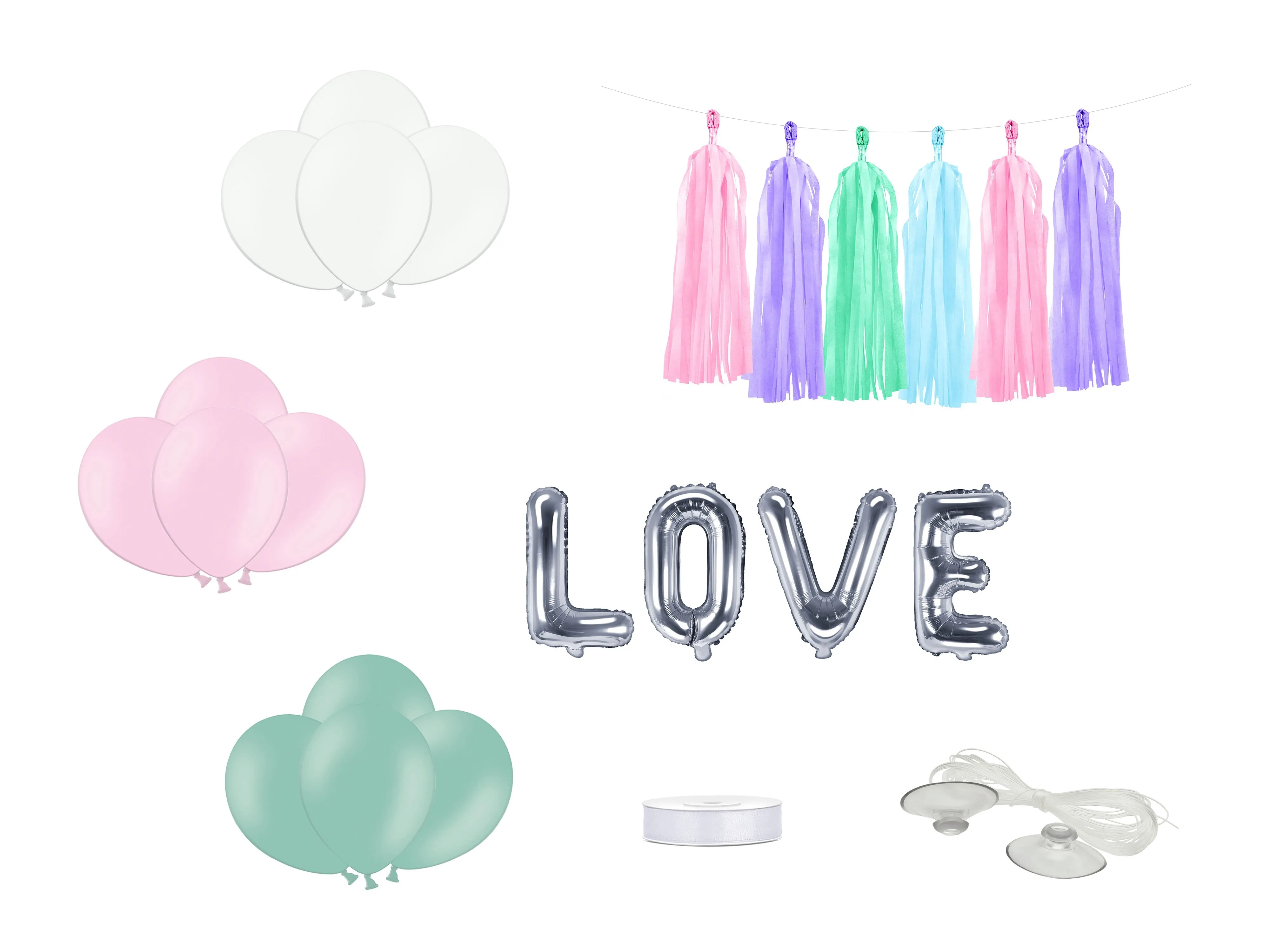 Auto Dekorationsset "LOVE", Silber/Pastell 17-teilig