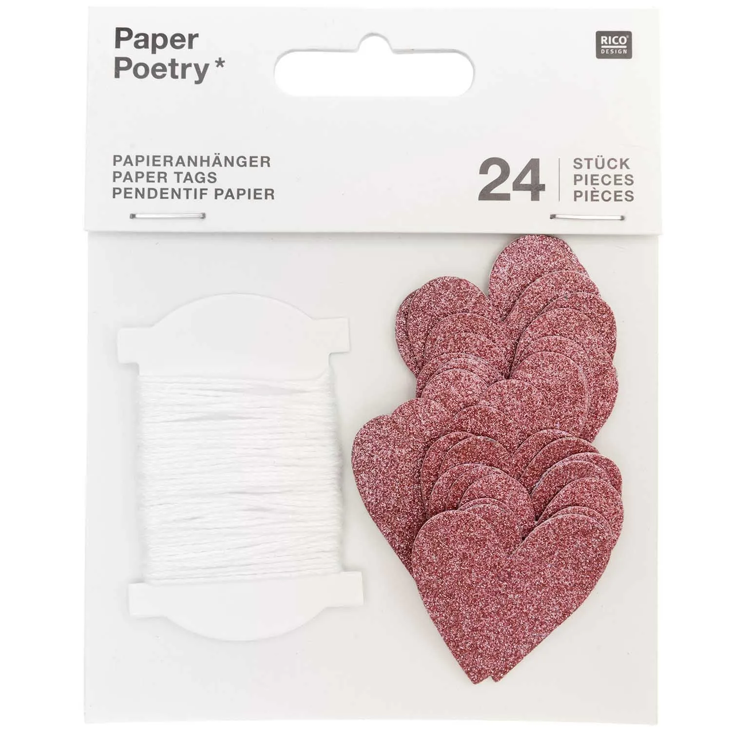 24 Papieranhänger "Glitzerherzen", Rosa