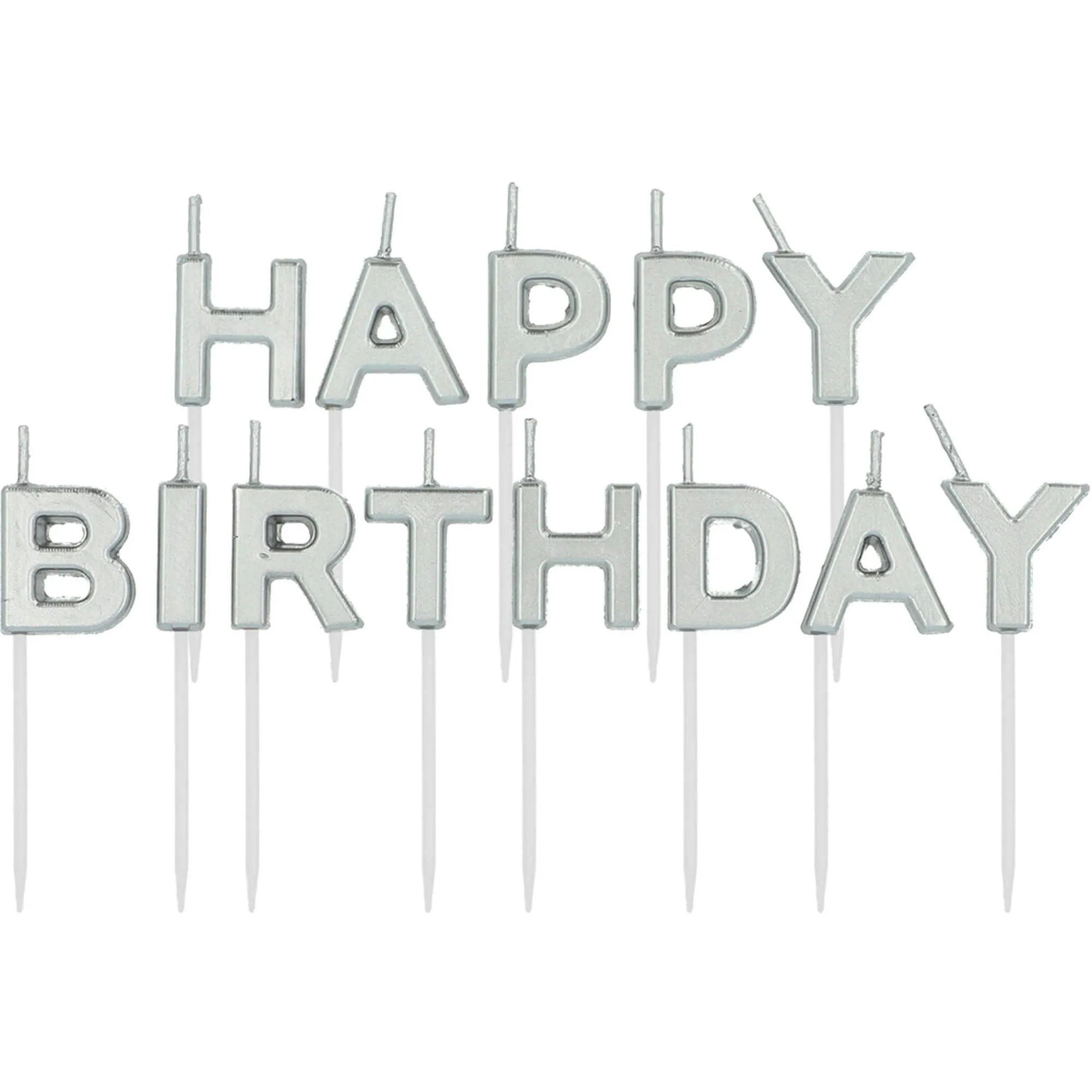 Kuchenkerzen "Happy Birthday" in Silber, 2 cm