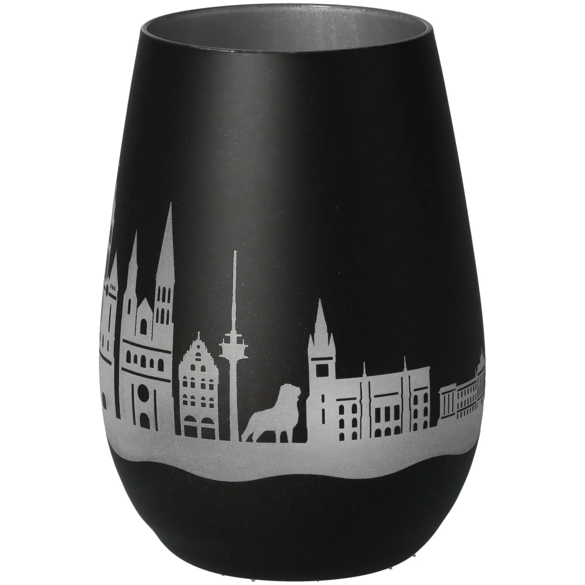 Vase, schwarze Vase, Stadt-Silhouette, Silbermuster, Matt finish