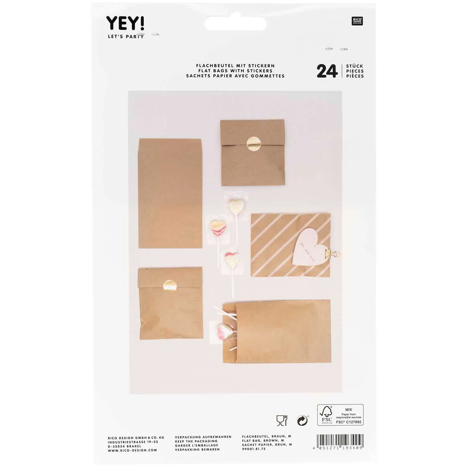 24 Geschenktüten Flachbeutel mit Stickern, Naturbraun