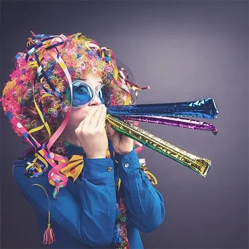 party, party horn, confetti, clown wig, glasses