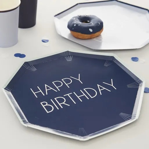 8 Pappteller "Happy Birthday", Blau 100% umweltfreundlich