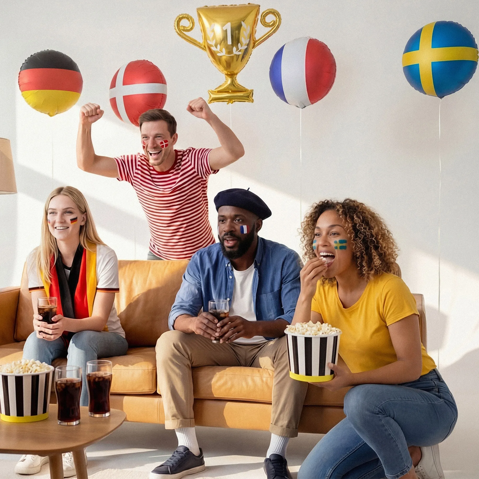 feiern, gruppenkumpel, ballons, wohnzimmer, popcorn