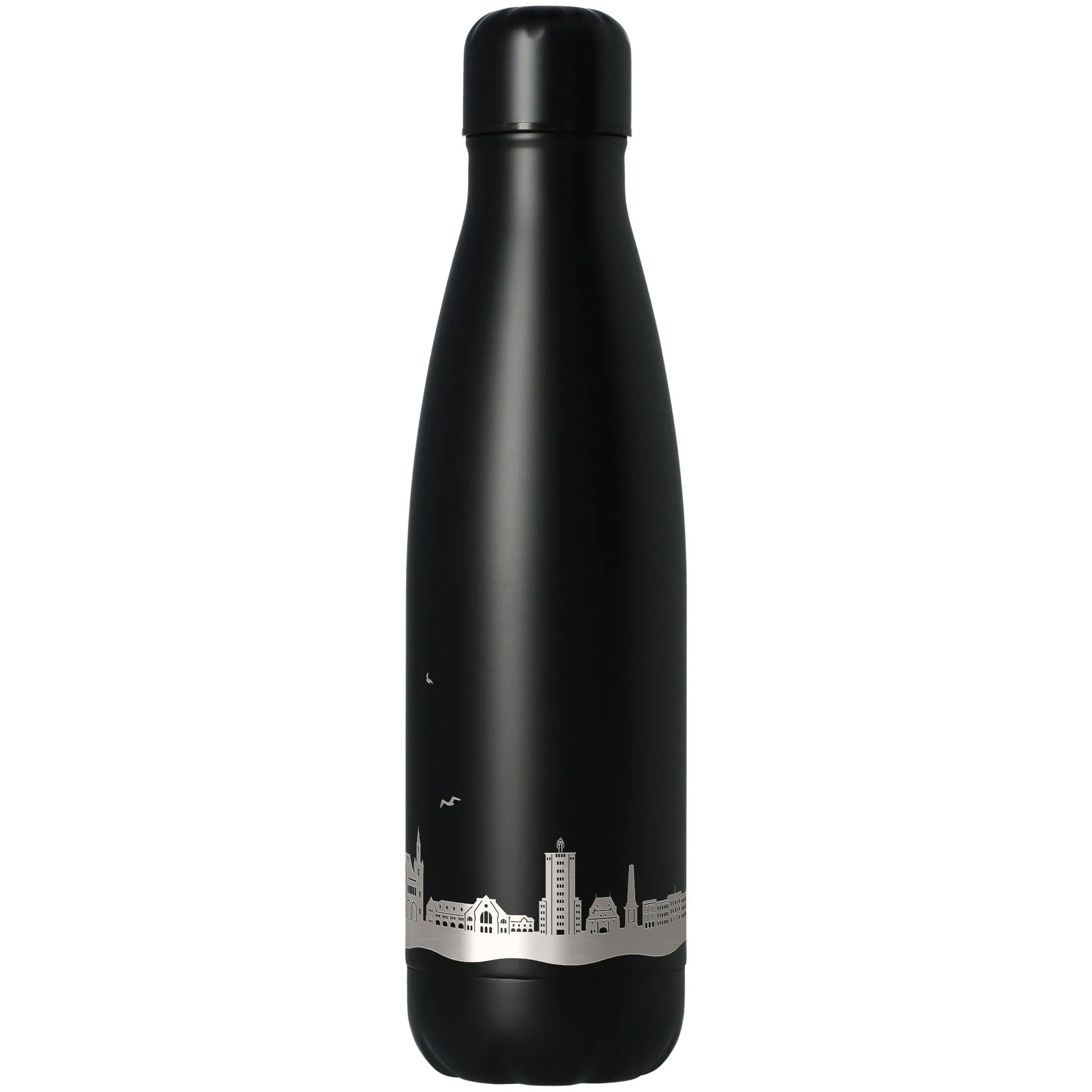 Therm Flasche, Edelstahl, schwarze Flasche, Stadt skyline Band, Bandform